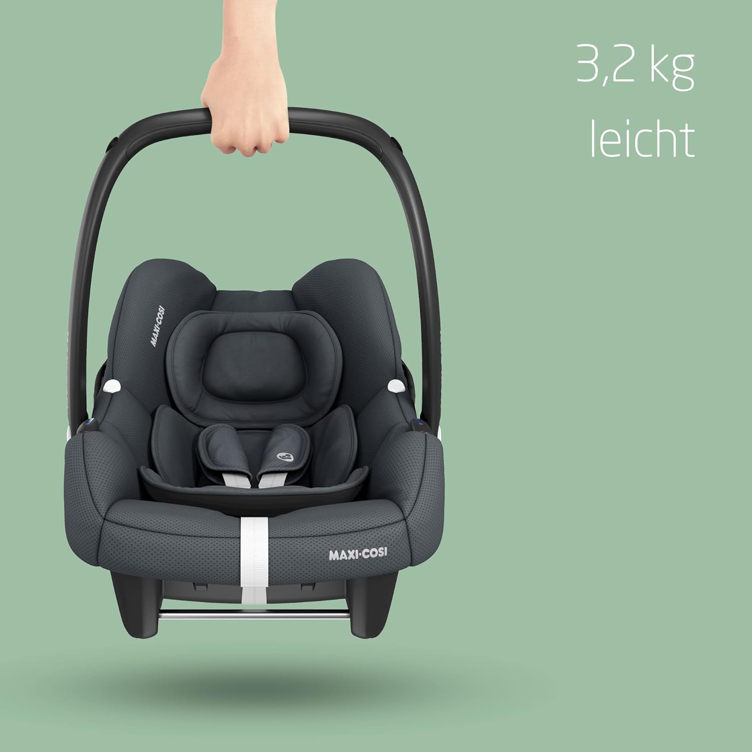 Maxi-Cosi CabrioFix i-Size, Babyschale, 0–12 Monate, max. 12 kg, leichter i-Size Kindersitz (3,2 kg), Sonnenverdeck, gepolsterter Sitz, für viele Maxi-Cosi Kinderwagen, Essential Green