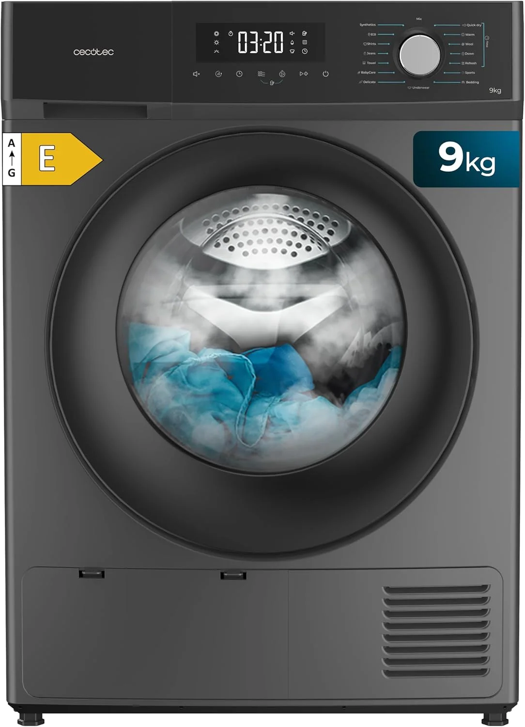 Cecotec Wäschetrockner, 9Kg, Schwarz, Bolero Dresscode Dry 9330 Steel. Entspricht A++, 15 Programme und Funktionen: automatisches Trocknen