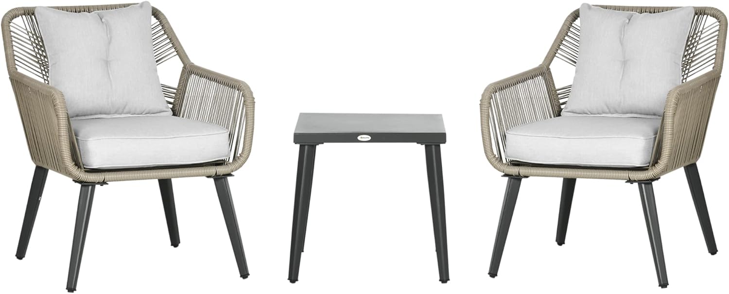 Outsunny 3-Piece Garden Table and Chairs Set in PE Rattan and Steel with 2 Modern Chairs and 1 Coffee Table, Grey