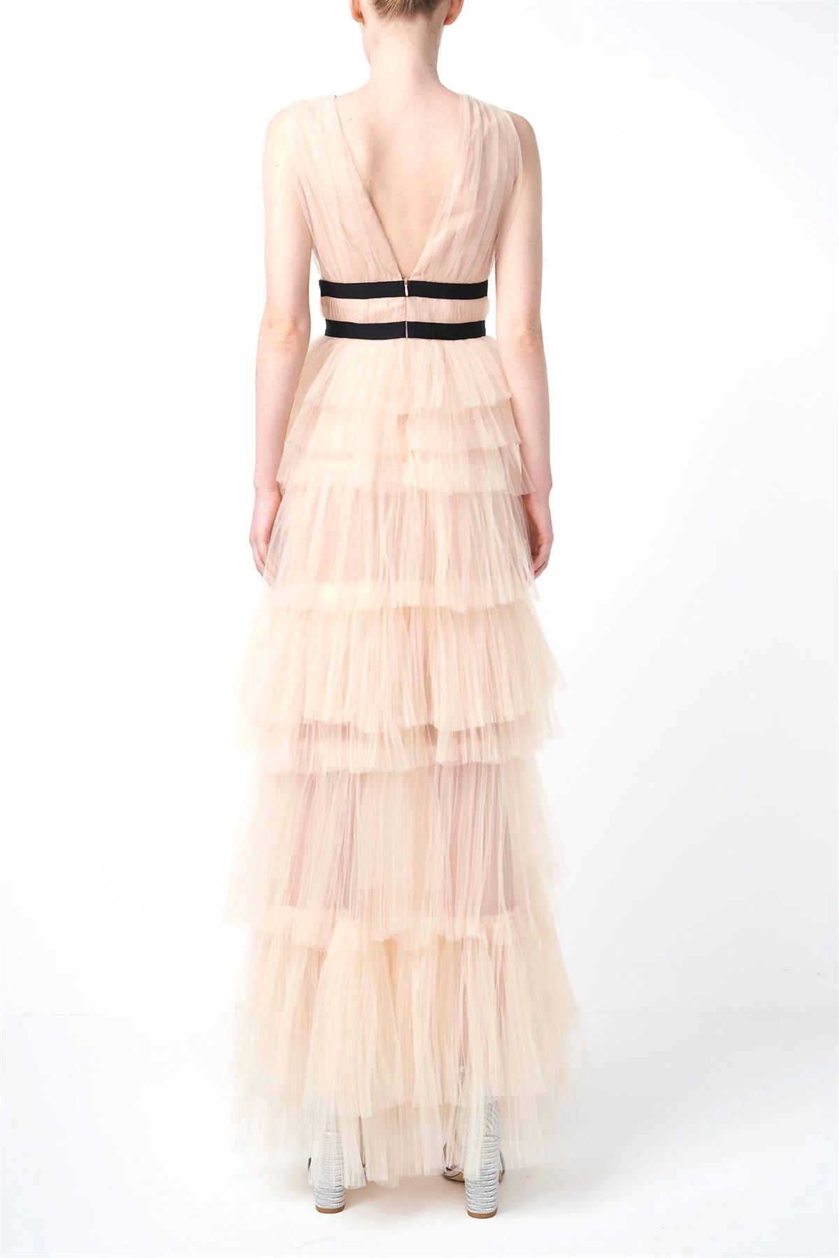 Nude Eliza Plunging Neck Layered Tulle Skirt Maxi-Dress
