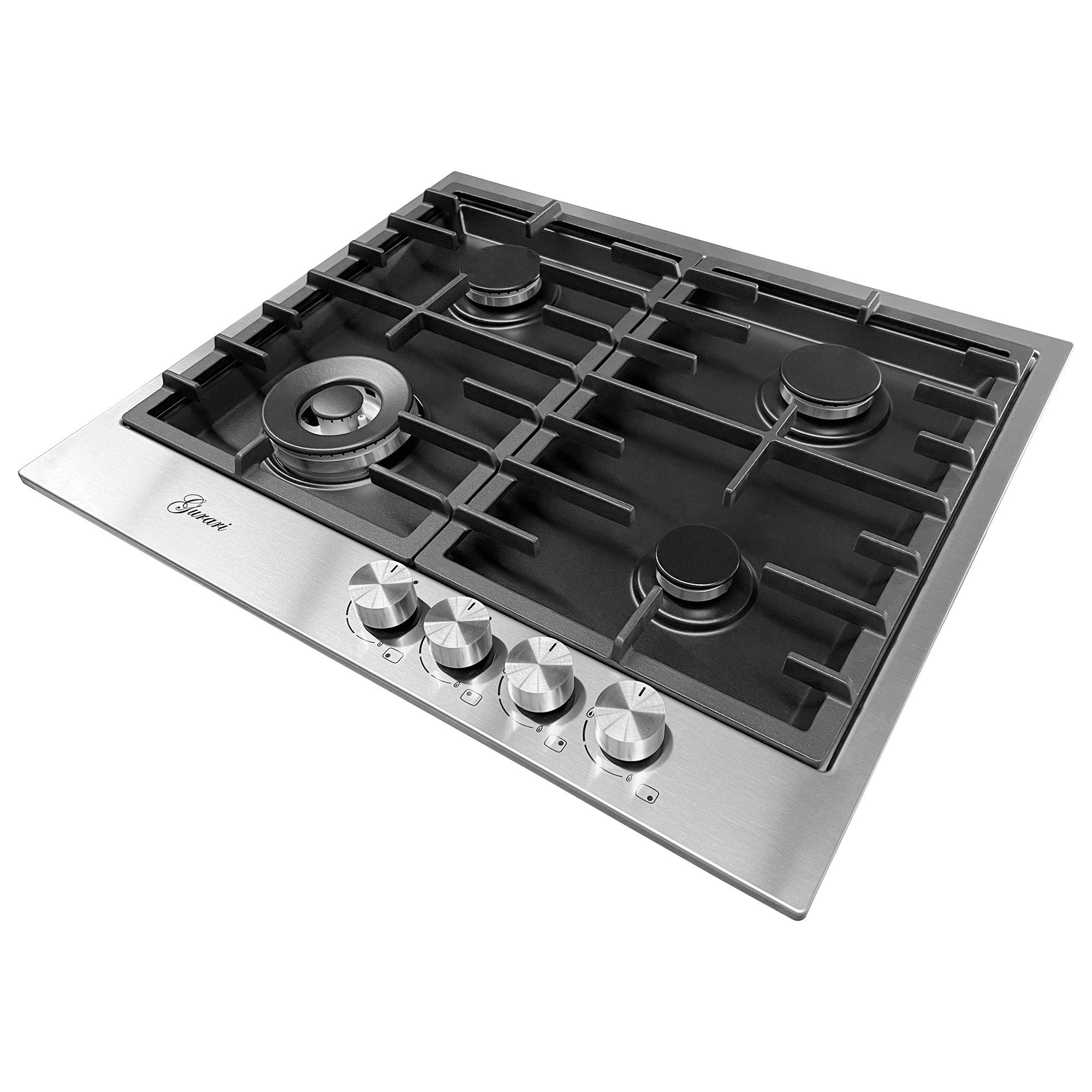 Gas-Kochfeld GCH TX 604+Kaffeadapter, 60 cm, Edelstahl - Schwarz 4,0 KW WOK, 4 Gasbrenner, Autark