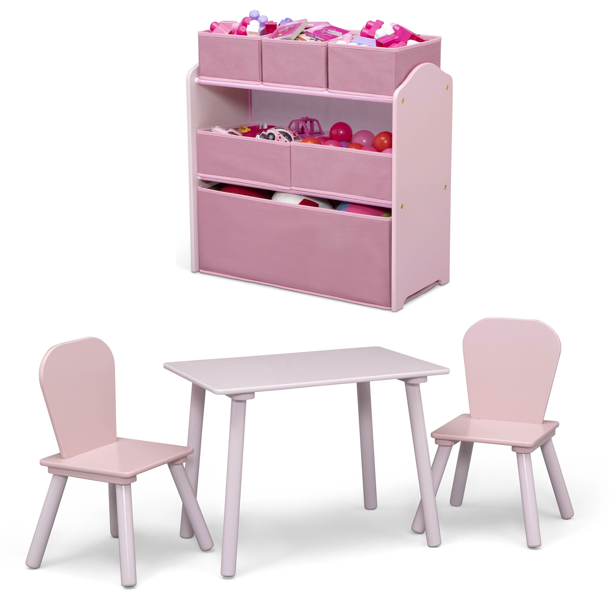 Delta Children Toddler Playroom Set: Table, 2 Chairs & 6 Bin Organizer with Stickers, Pink