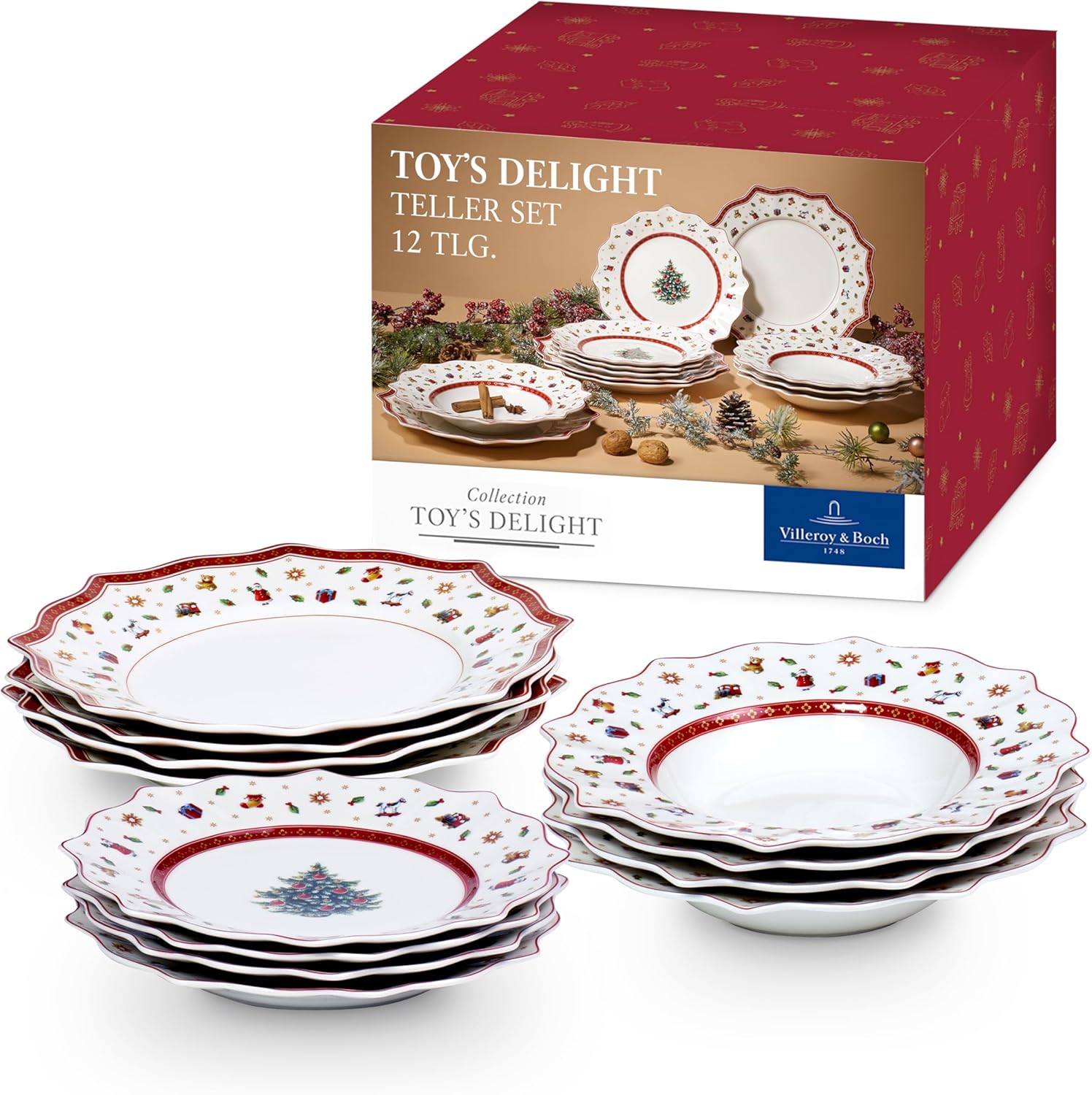 Villeroy & Boch – Toy's Delight Tafelservice Weihnachten 12 Teilig, Weihnachtsteller Set Toys, Weihnachtsgeschirr, Weihnachtsservice 4 Personen, Speiseteller, Suppenteller, Frühstücksteller, Porzellan