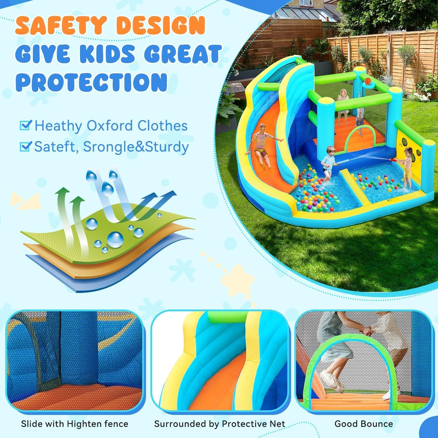 Castello Gonfiabile per Bambini Parco Acquatico con Scivolo Trampolino Piscina Parete da Arrampicata e Canestro da Basket Grande Castello Gonfiabile per Giardino Esterno Pu貌 Ospitare Fino a 5 Bambini