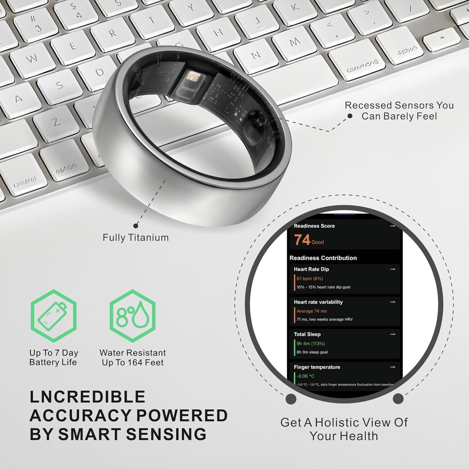 Smart Ring, Aktivitätstracker, Schlafring, Fitness-Tracking, Stress-Tracker, Herzfrequenz, Meditation, Temperatur, Atemwege, Kein App-Abonnement, Damen, Herren, iOS, Android (Silber, 7)