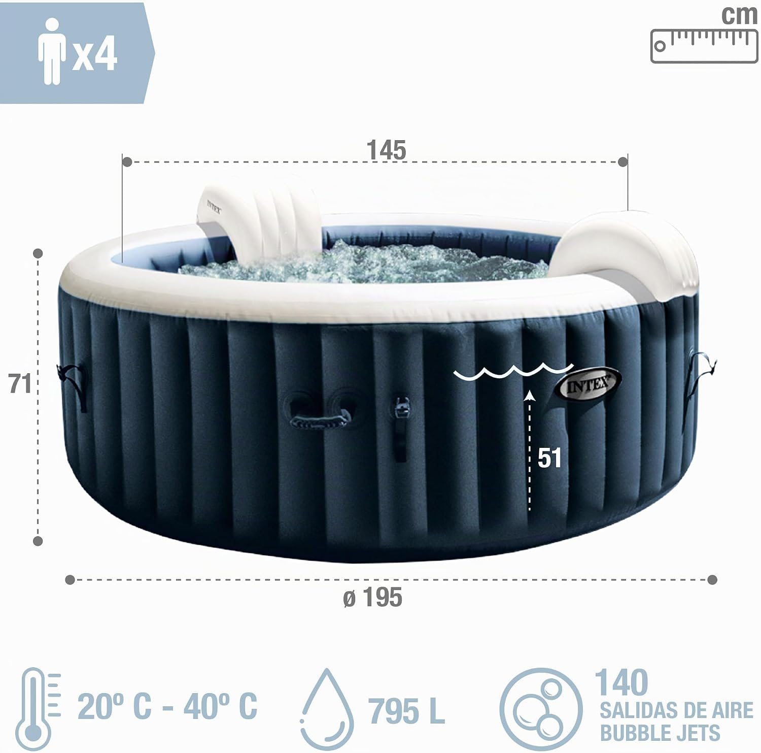 Intex 28430EX - Whirlpool aufblasbar PureSpa Bubble Massage, 4 Personen, 140 Düsen, Heizung, PVC, Navyblau, ⌀ 196x71 cm