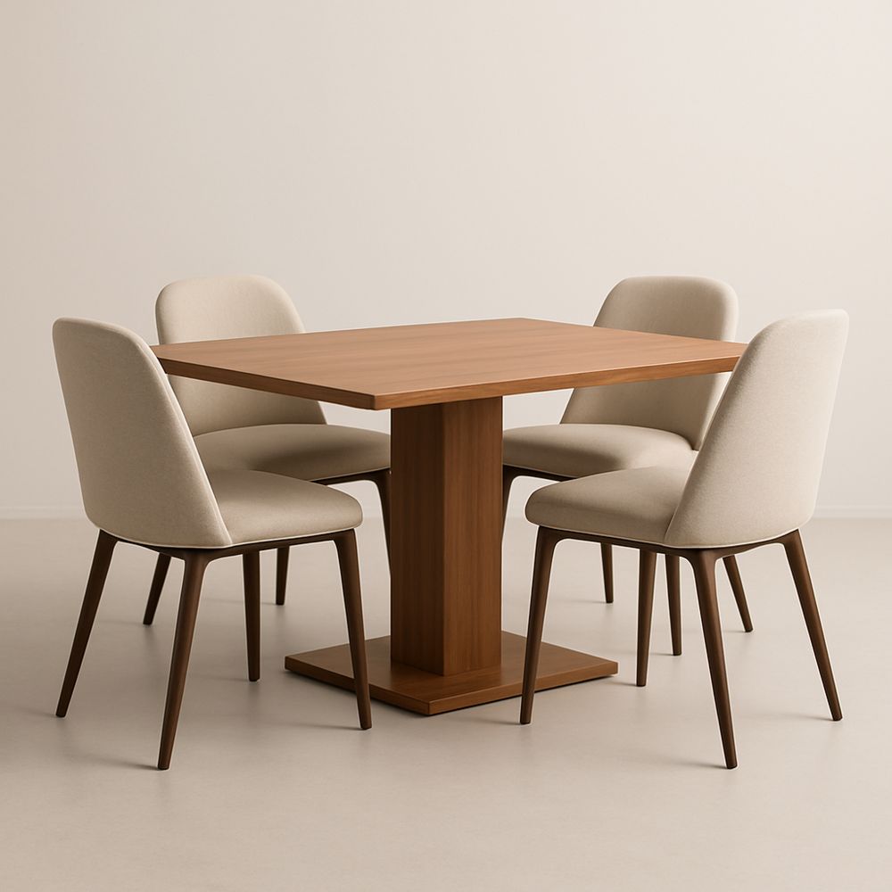 Set tavolo quadrato in legno con 4 sedie in tessuto beige