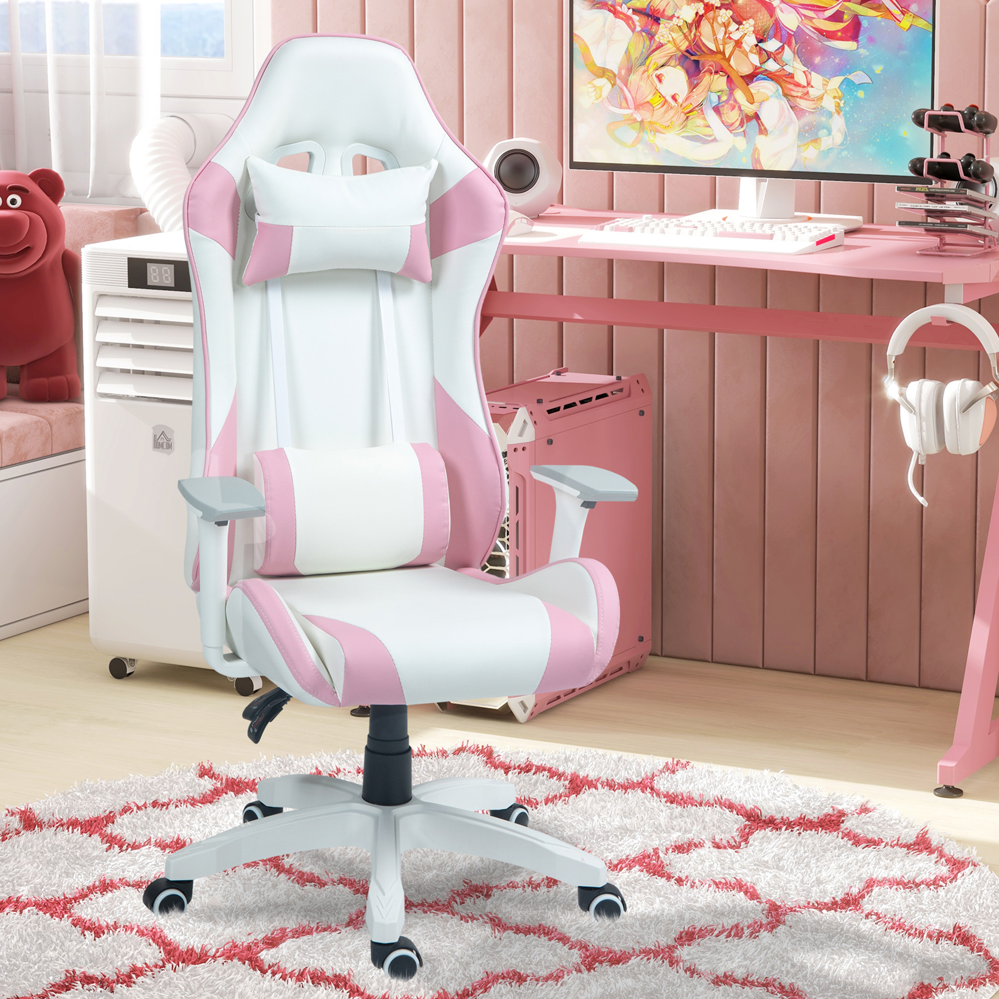 HOMCOM Gamingstuhl, Racing-Design, neigbar, höhenverstellbar, Kunstleder, 67B x 60T x 120-128H cm, Rosa/Weiß