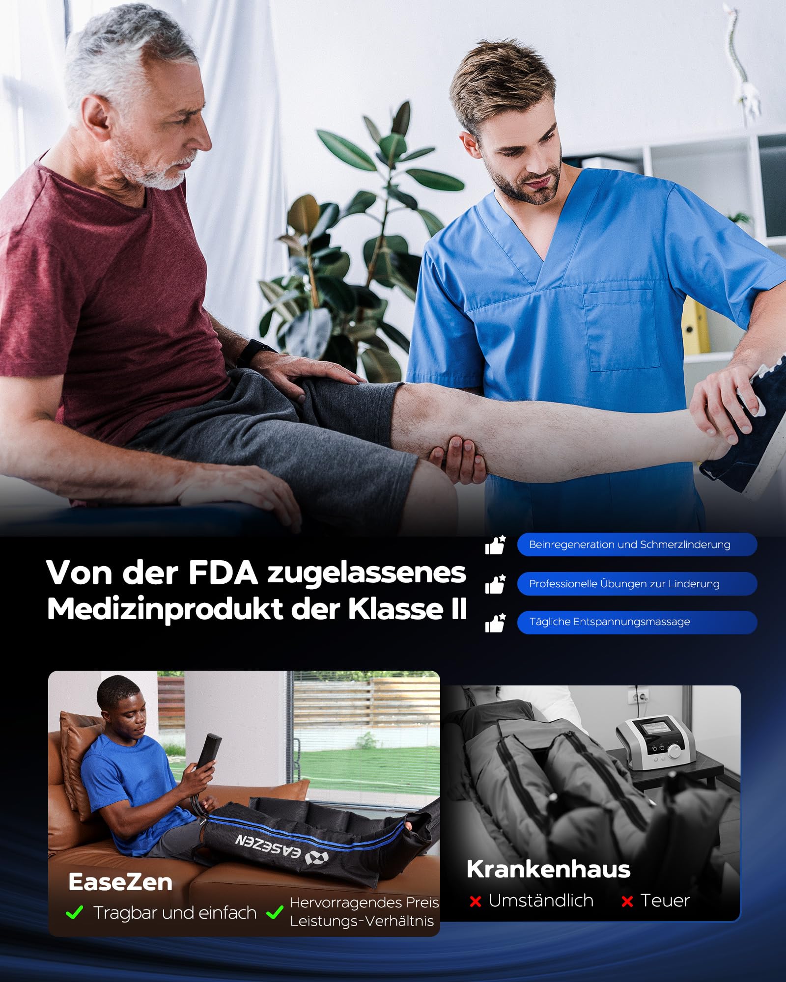 Luftkompressions-Beinmassagegerät Größe M für Fuß Wade Oberschenkel mit 6 Modi und 11 Intensitäten