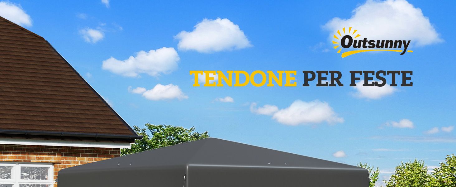 Tenda da giardino grigia firmata Outsunny, che si estende da una casa. Sfondo blu cielo con testo sovrapposto 'OMBREGGIARE PER FESTE' (in italiano 'Shade for