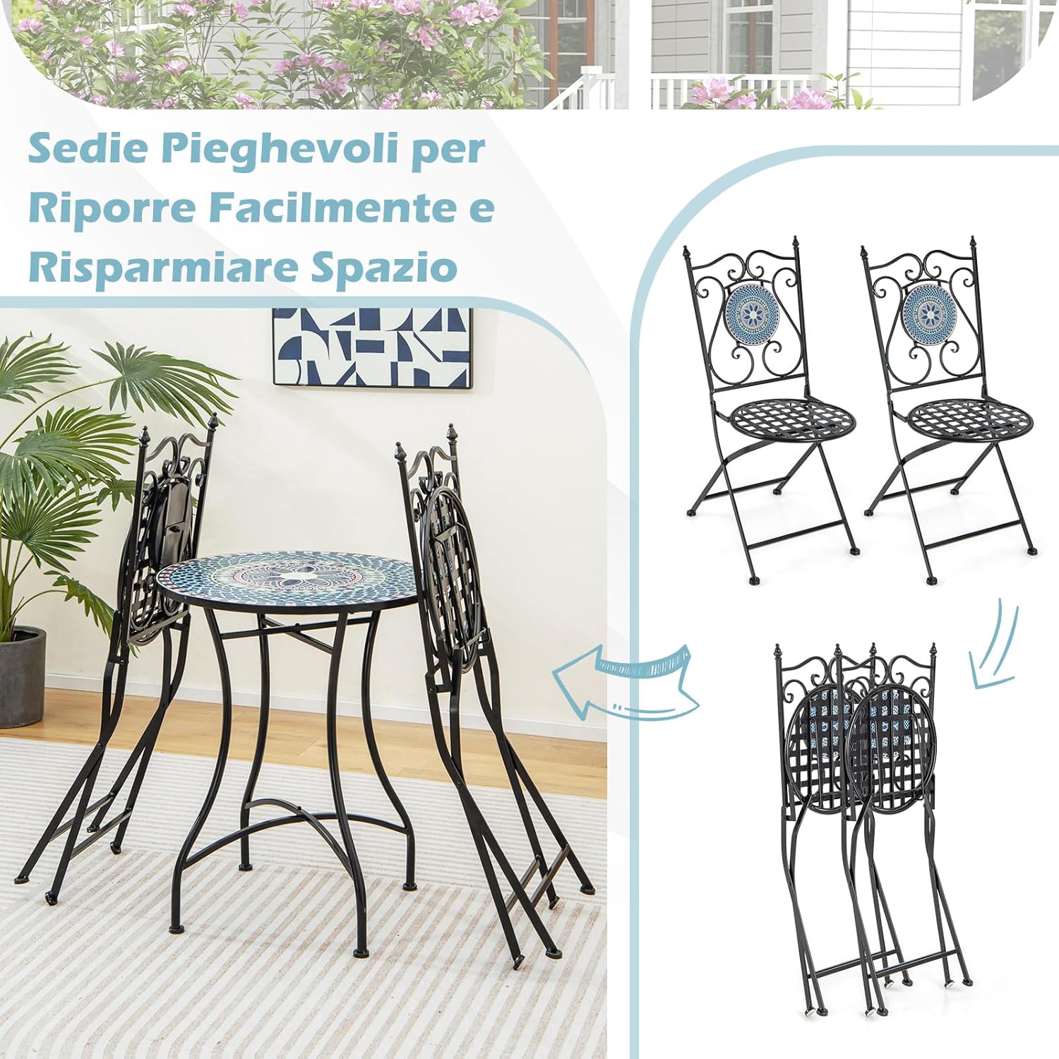 GYMAX Garden Table and Chairs Set, Round Side Table and 2 Folding Chairs with Backrest, Metal Frame, Modern Mosaic Look for Balcony, Patio (Style 2)