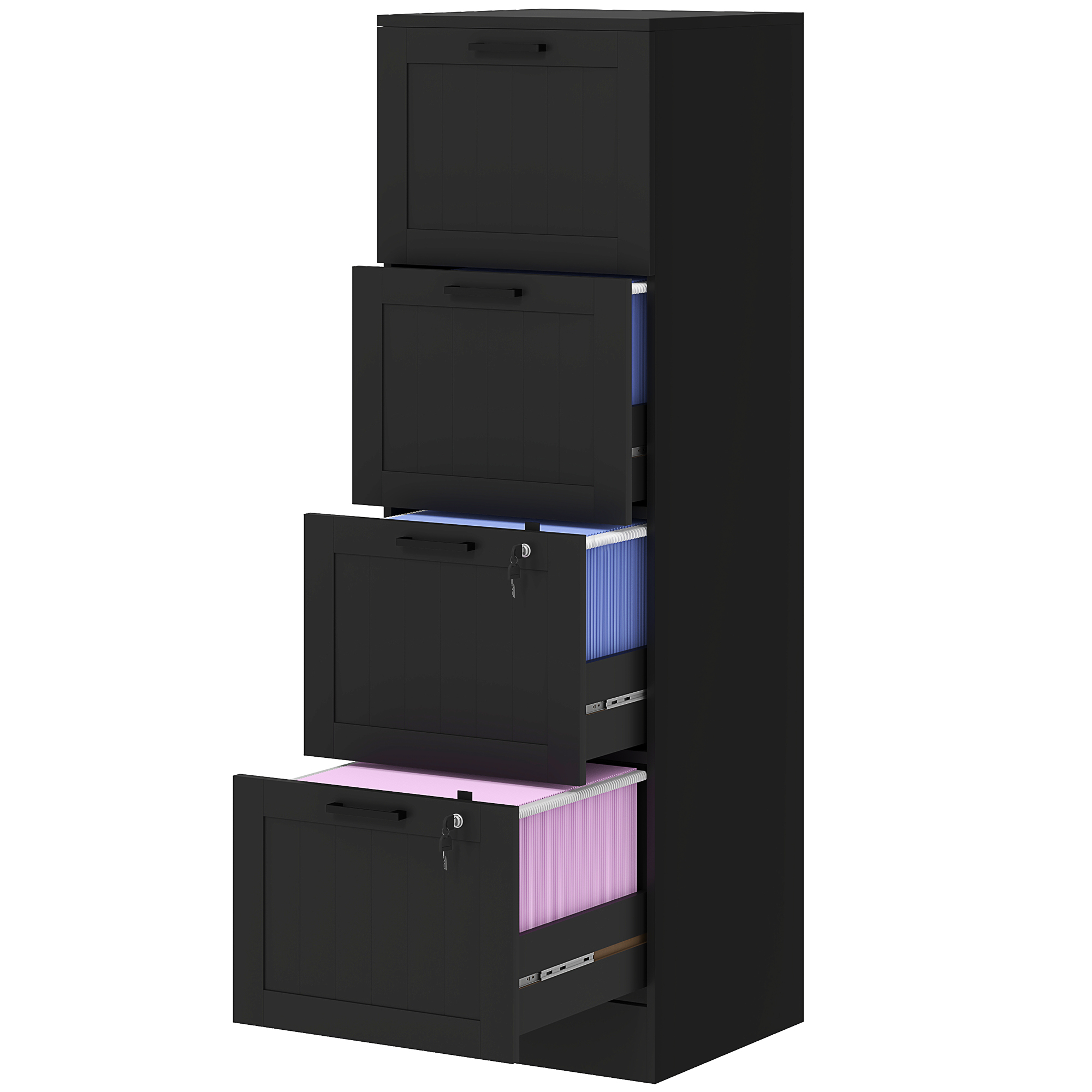 HOMCOM Aktenschrank mit 4 Schubladen mit verstellbarer Schienenführung und 2 Schlössern, aus Holz, 40x40x131 cm, Schwarz