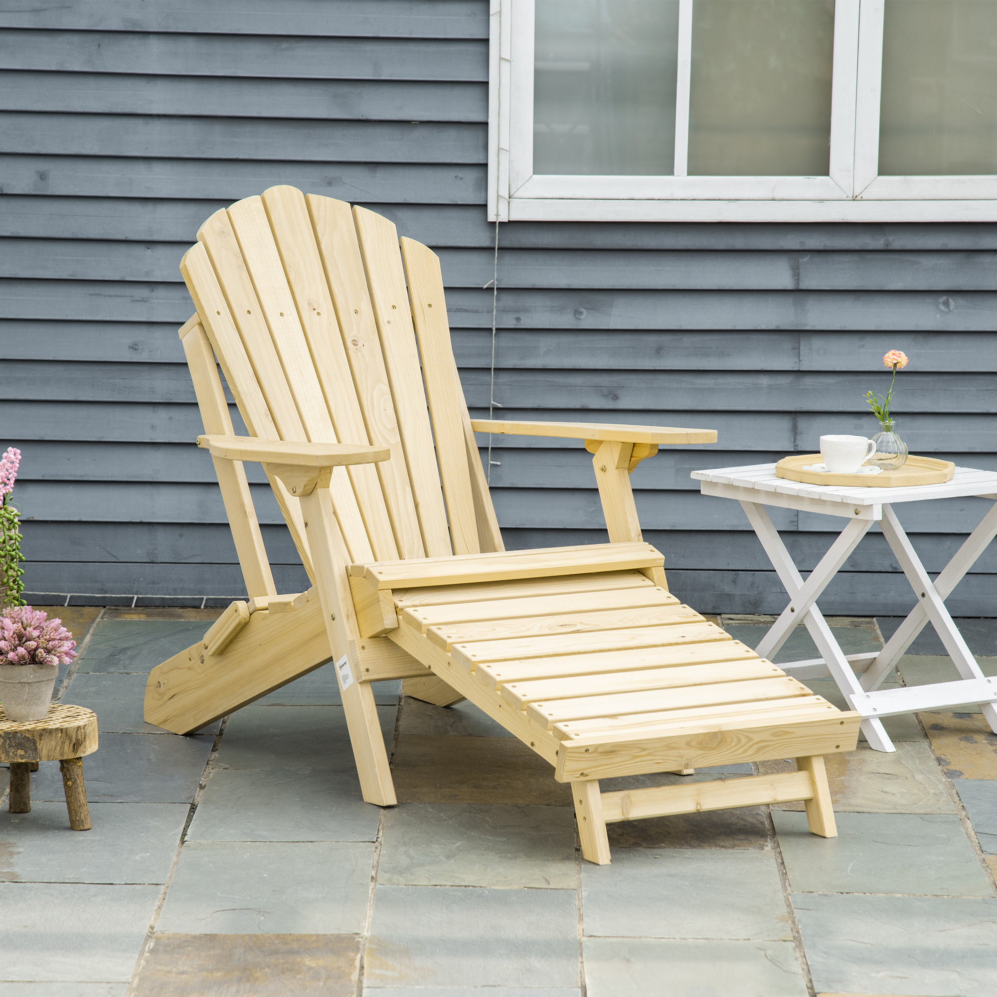 Adirondack Tuinstoel met Voetensteun Opvouwbaar Ligstoel Buitenmeubilair Grenenhout Natuur 78 x 140 x 94 cm