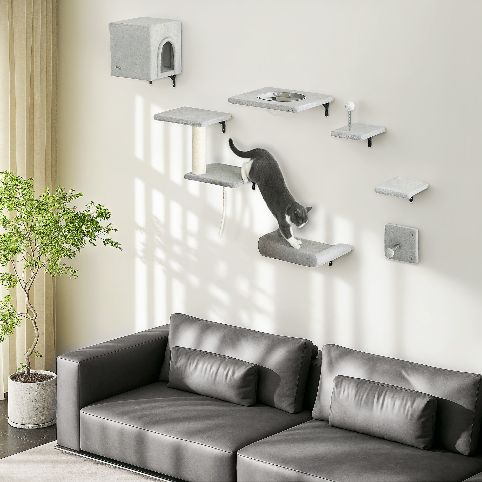 PawHut Kletterwand Katzen 7-teilig Katzen Kletterwand Set mit Katzenhaus, Plattform, Plattform Grau
