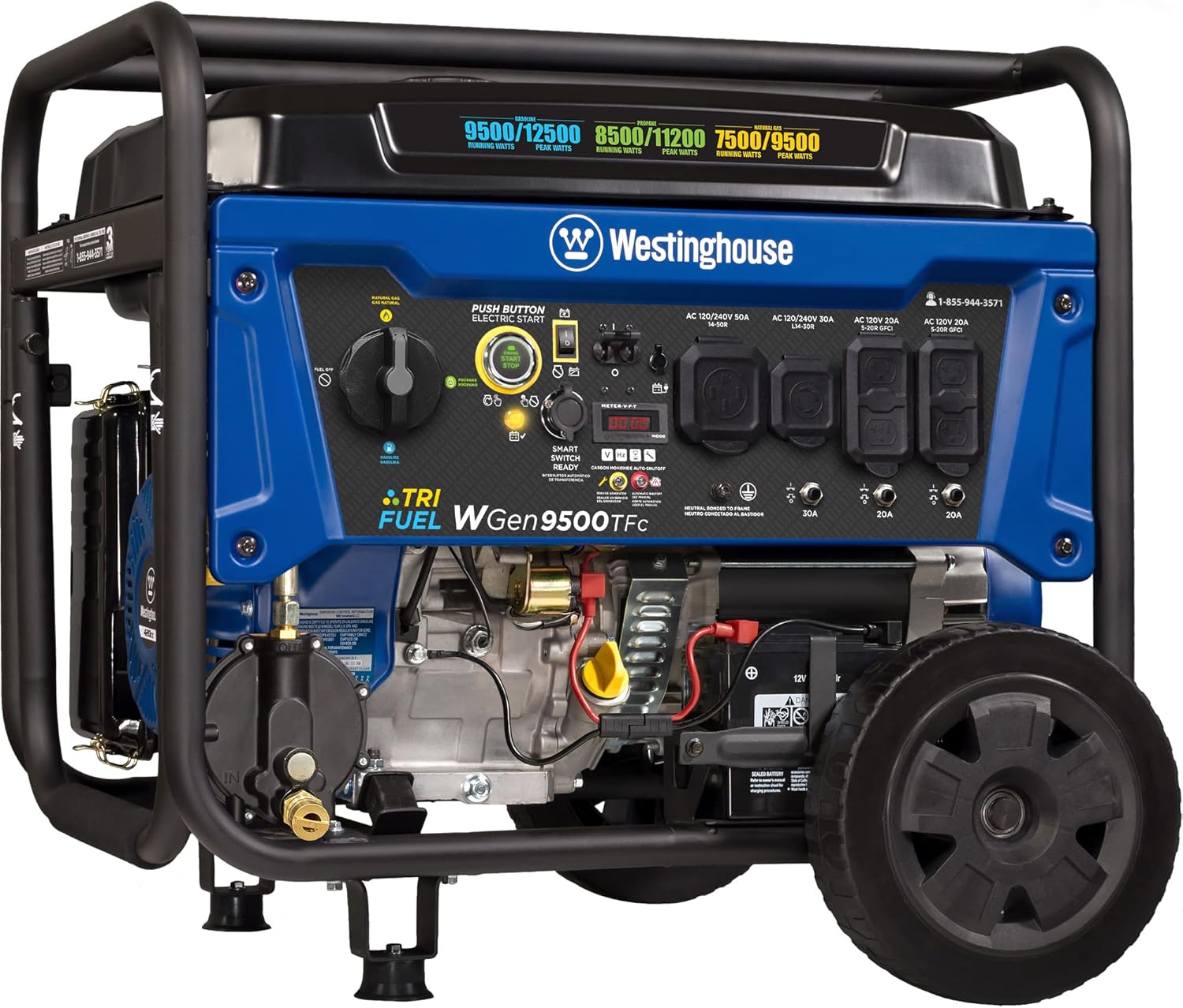 Generatore portatile di riserva domestico a tre combustibili da 12500 watt di picco, avviamento elettrico remoto, pronto per l'interruttore di trasferimento, alimentato a gas, propano e gas naturale
