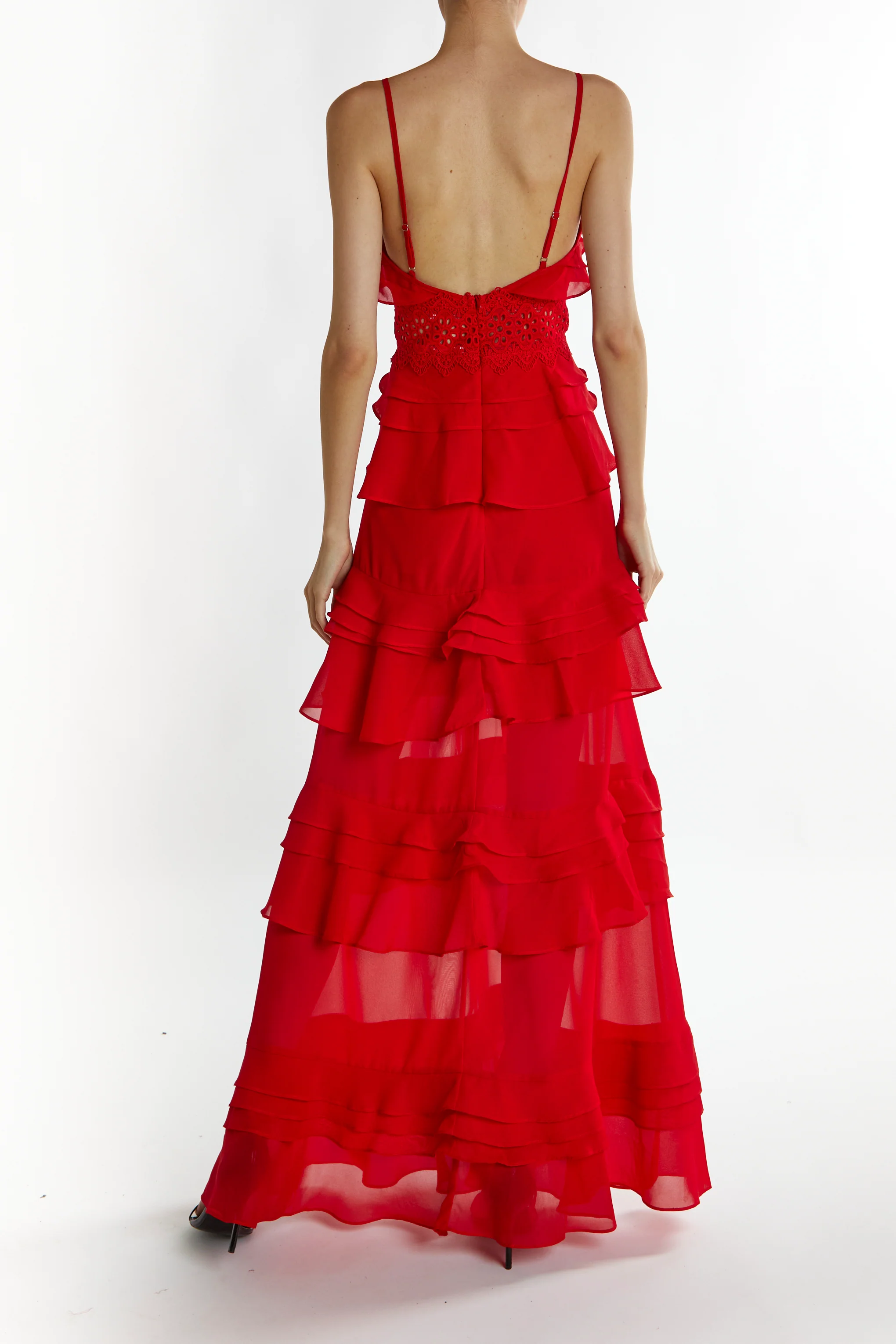 Sophia Red Deep Plunge Layered Ruffle  Maxi-Dress