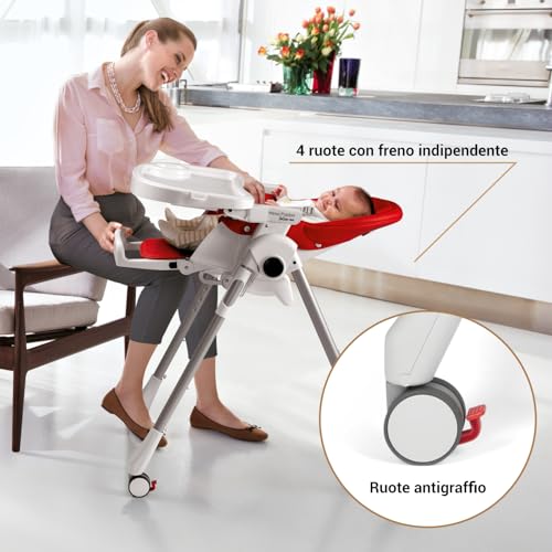 Peg Perego Prima Pappa Follow Me Seggiolone Pappa Neonati Reclinabile, Funzione Sdraietta, 4 ruote, Pieghevole e Ultracompatto, per Bambini da 0 a 3 Anni (0 15 kg), Fragola : Prima infanzia