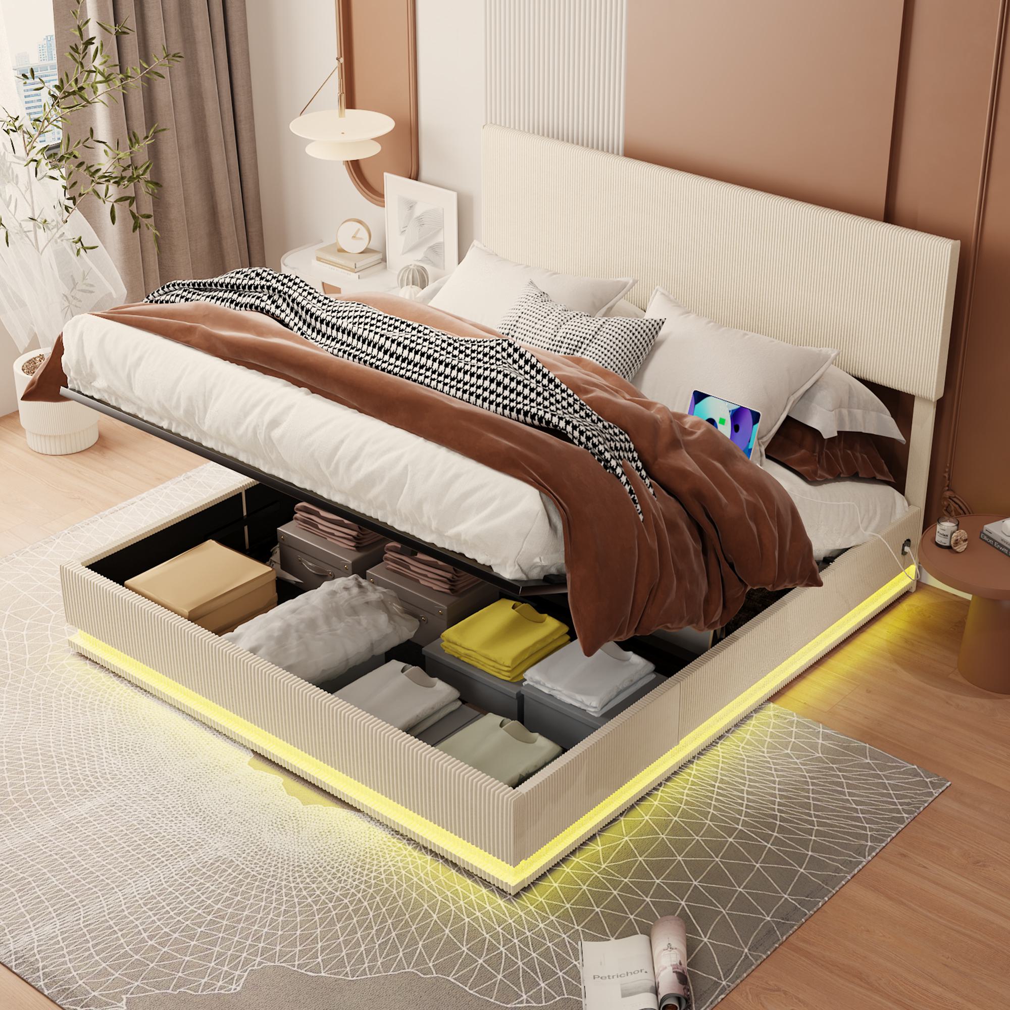 Doppelbett mit Stauraum, 140x200 cm, höhenverstellbares Kopfteil, ohne Matratze, Beige