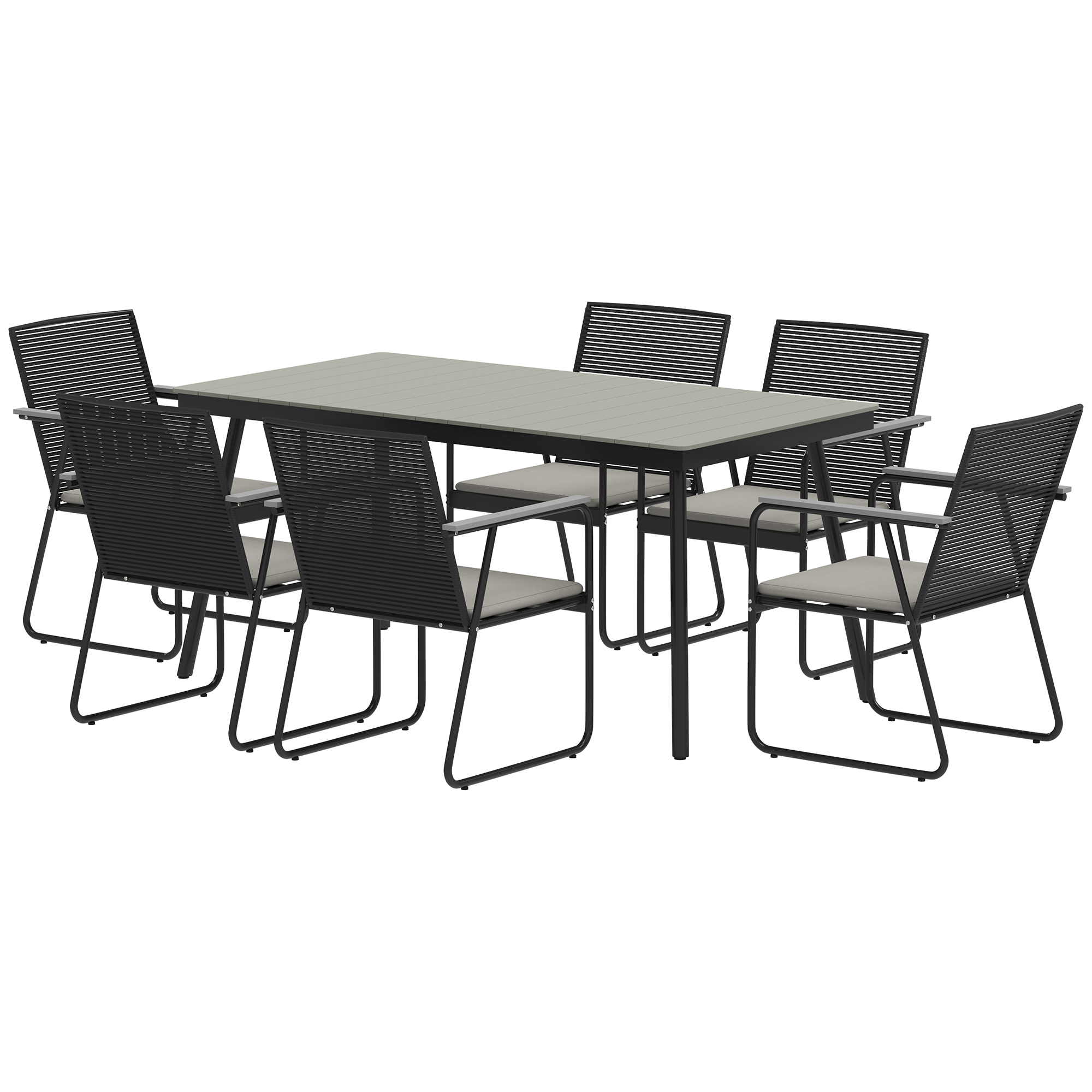 Outsunny Sitzgruppe 7-teilig Metall Essgruppe für 6 Personen Esstisch mit Tisch 6 Stühlen Esszimmergruppe Grau+Schwarz