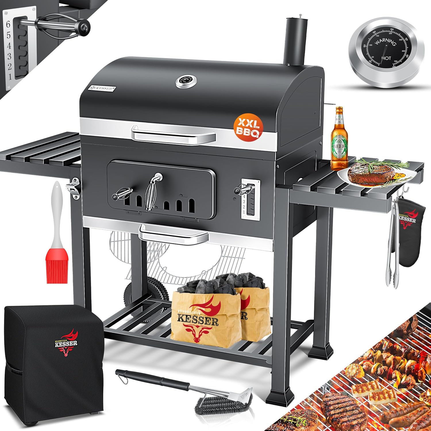KESSER® Holzkohlegrill XXL Grillwagen Set mit Deckel & Thermometer – großer BBQ Kohlegrill Wagen, Smoker Grill mit Kamin & Lüftung, mit Grillrost, Warmhalterost & Ablage inkl. Haube, Bürste & Pinsel