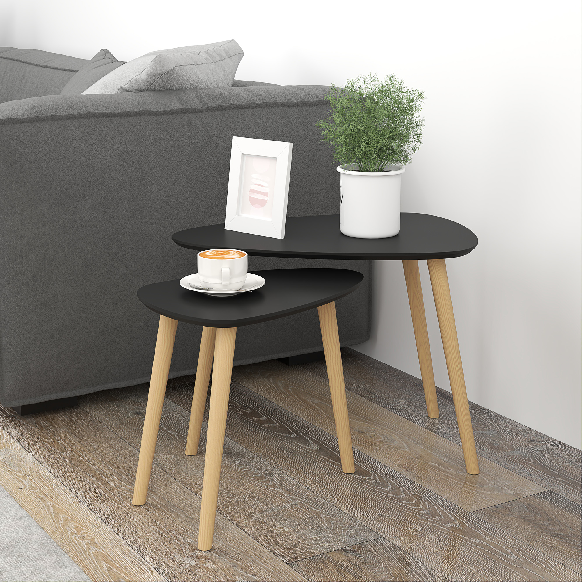 HOMCOM Set mit 2 skandinavischen Couchtischen, Beine aus Holz und Plateau aus Holz, Schwarz