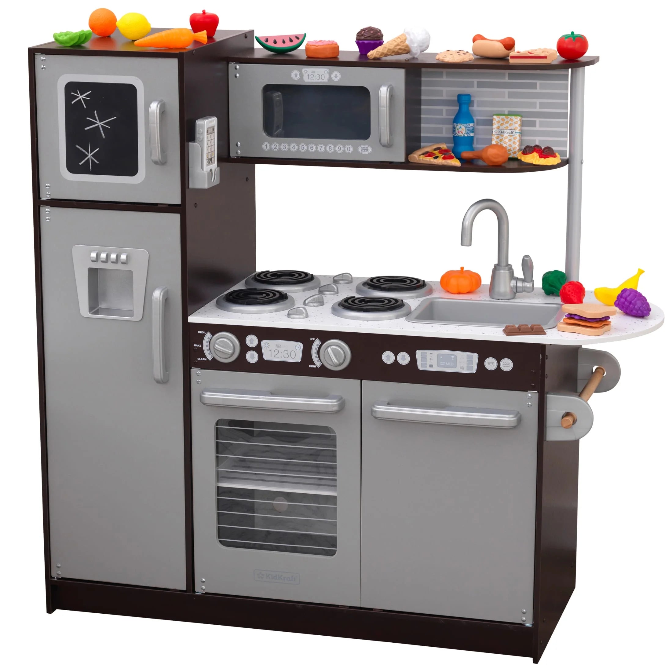 KidKraft Uptown Espresso Wooden Play Kitchen with 30-Piece Food Set, Interactive Features, Modern Design