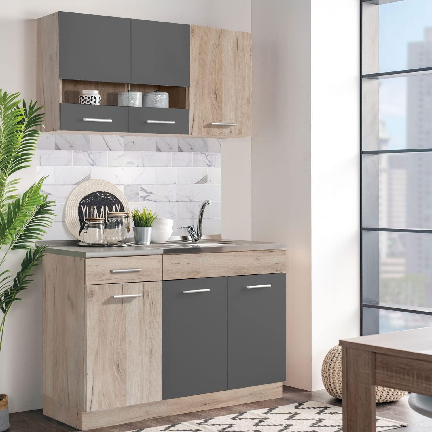 Homestyle4u 2359, Küche Küchenzeile Küchenblock Eiche Holz Grau Einbauküche Single Küchen Schränke 120 cm