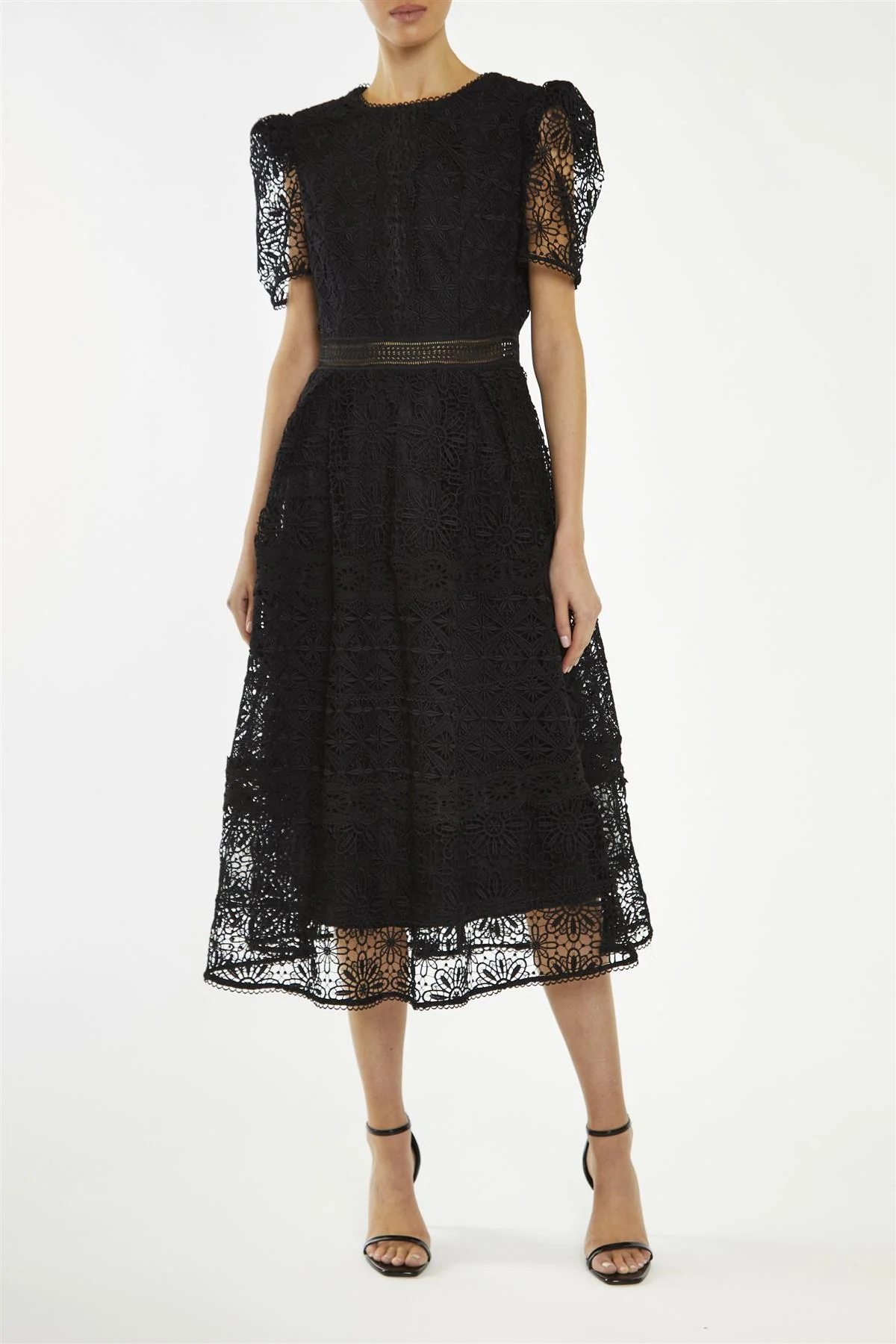 Priscilla Black Lace-Trim Midi-Dress