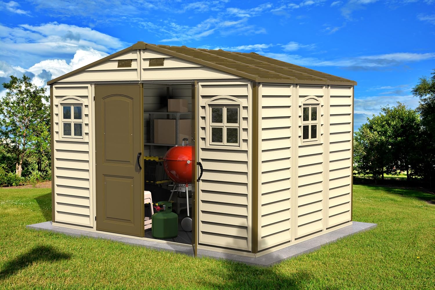 Duramax WoodSide 10 x 8 (7.64 m²) Kunststoff gerätehaus mit 3 festen Fenstern und Metallfundamentset, Gerätehaus, wartungsfreie und robuste und Dachstruktur aus Metall, Ivory/Brown