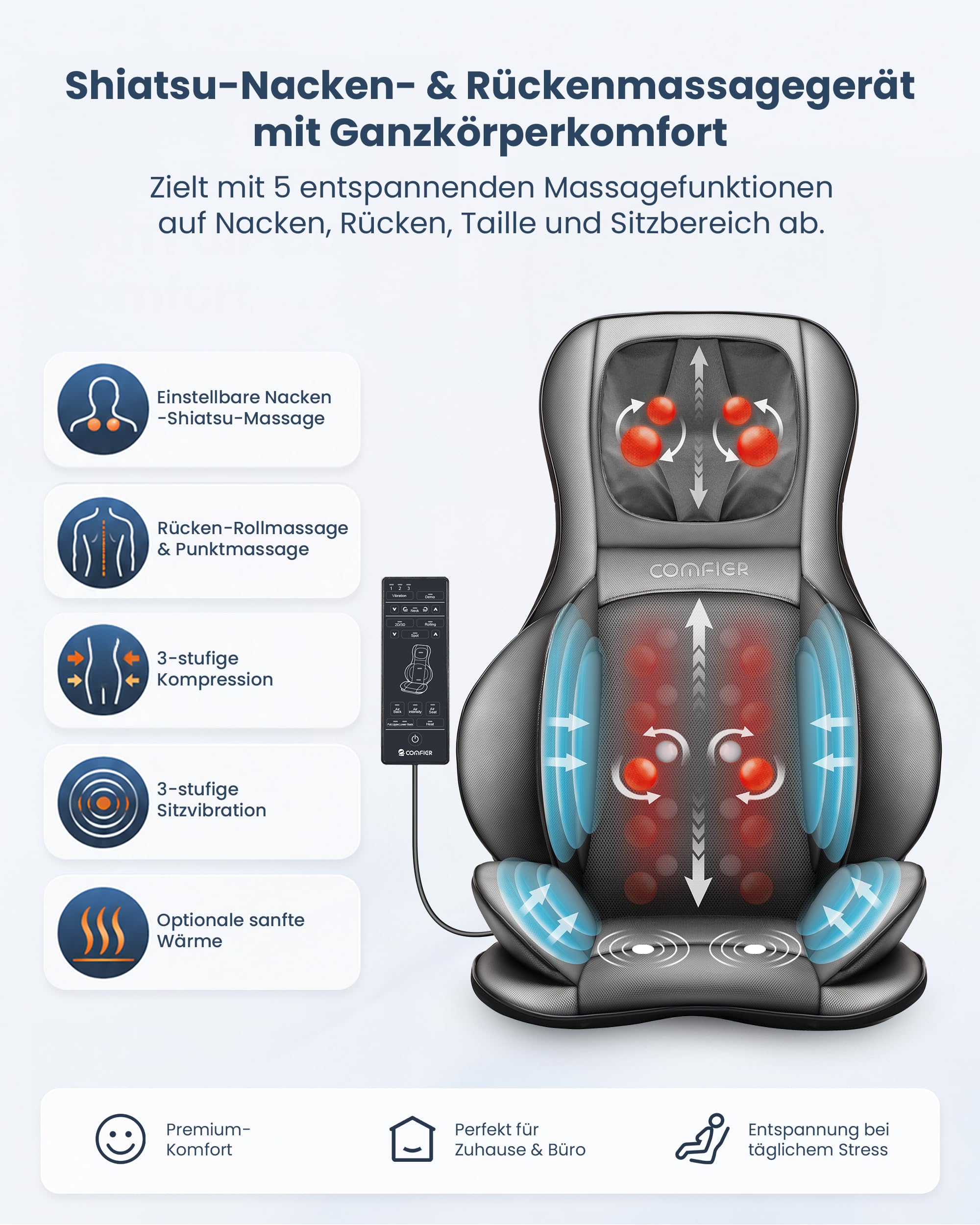Comfier Shiatsu Massagesitzauflage mit Wärme für Auto Büro Zuhause Rücken Nacken Entspannung