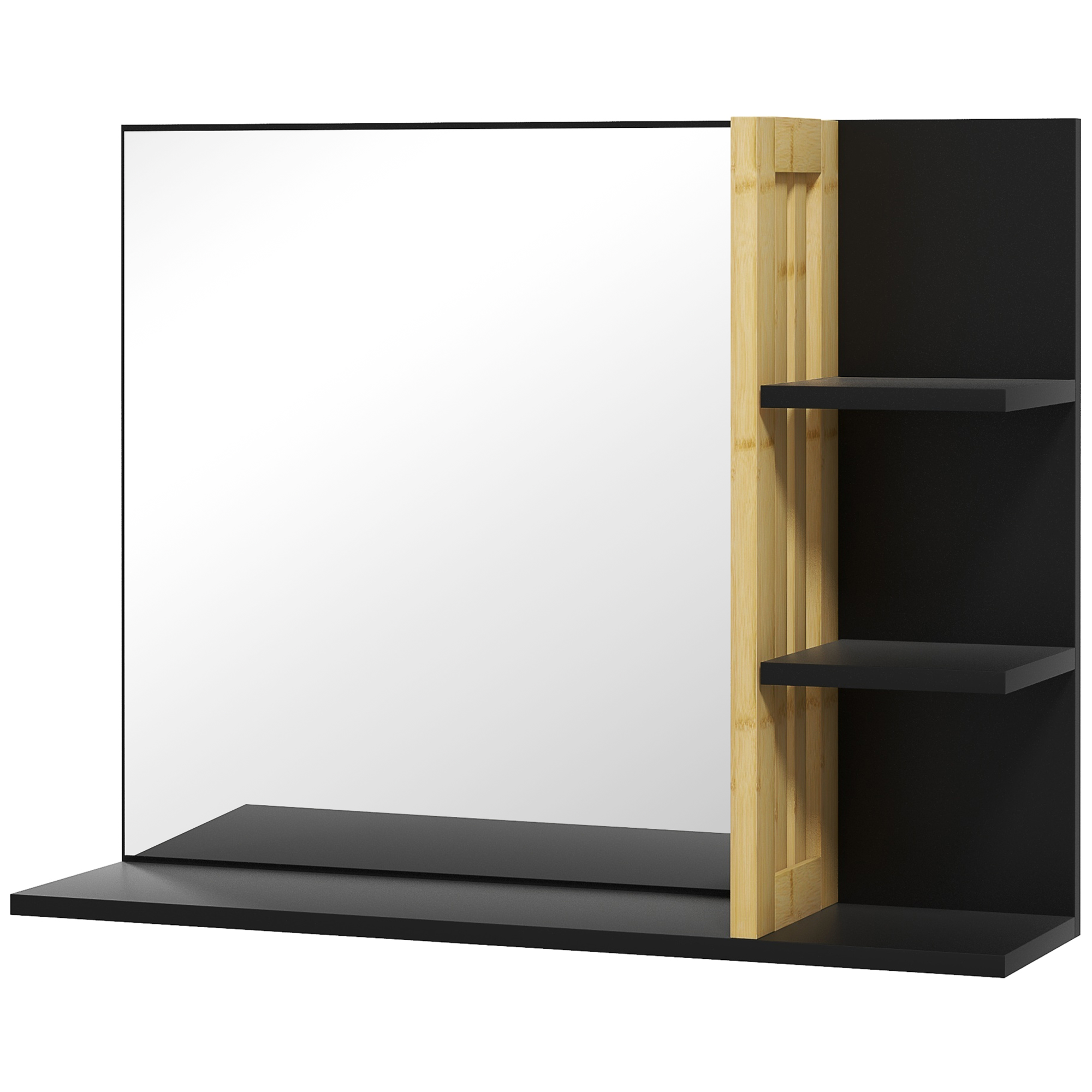 HOMCOM Wandspiegel für Badezimmer mit Regalen - 3 seitliche Regale + 1 unteres Regal - Bambusholz