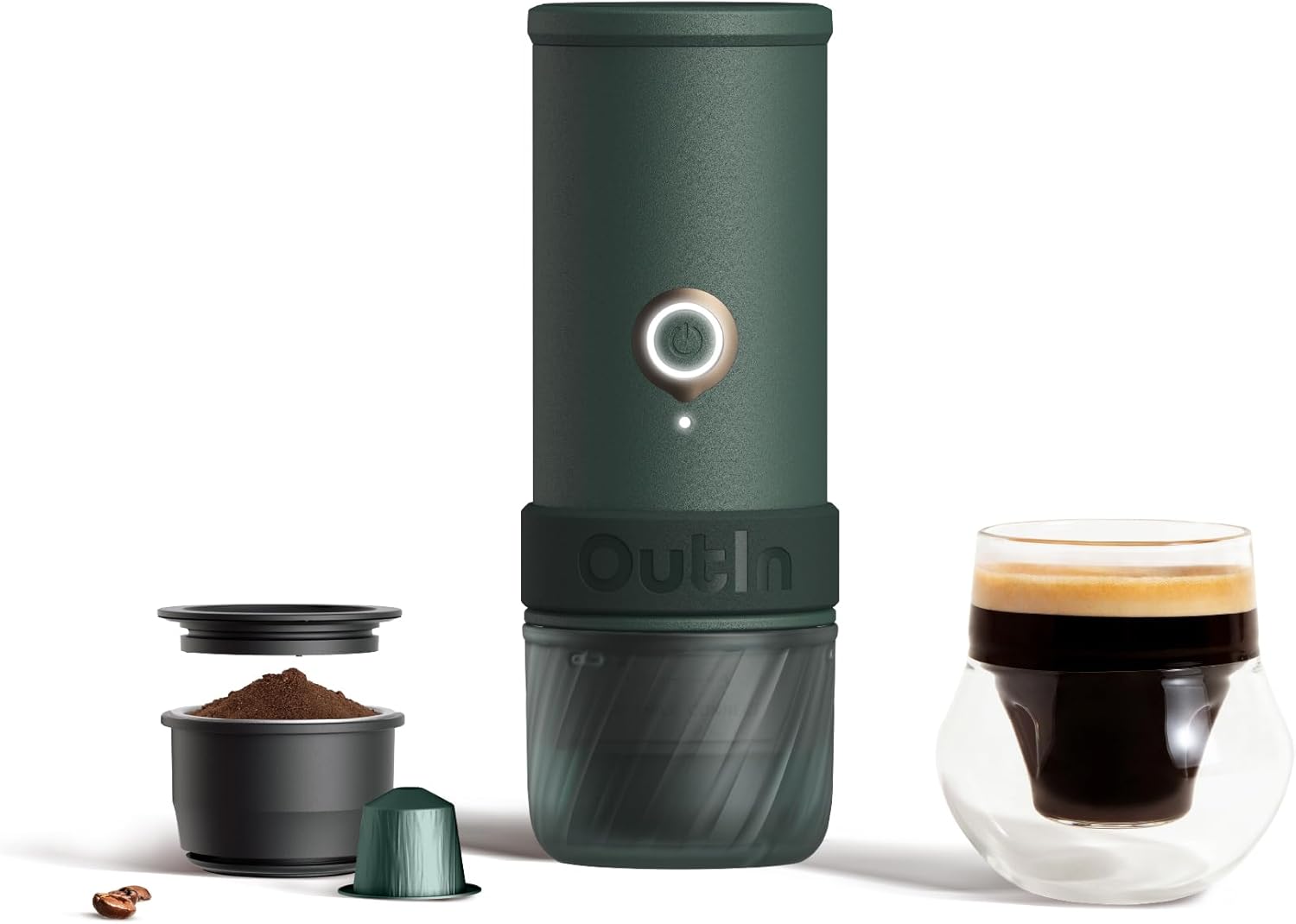OutIn Mino Macchina per caffè espresso elettrica portatile, mini caffettiera da campeggio da viaggio, macchina da caffè tascabile con riscaldamento autonomo tramite USB-C, per qualsiasi avventura