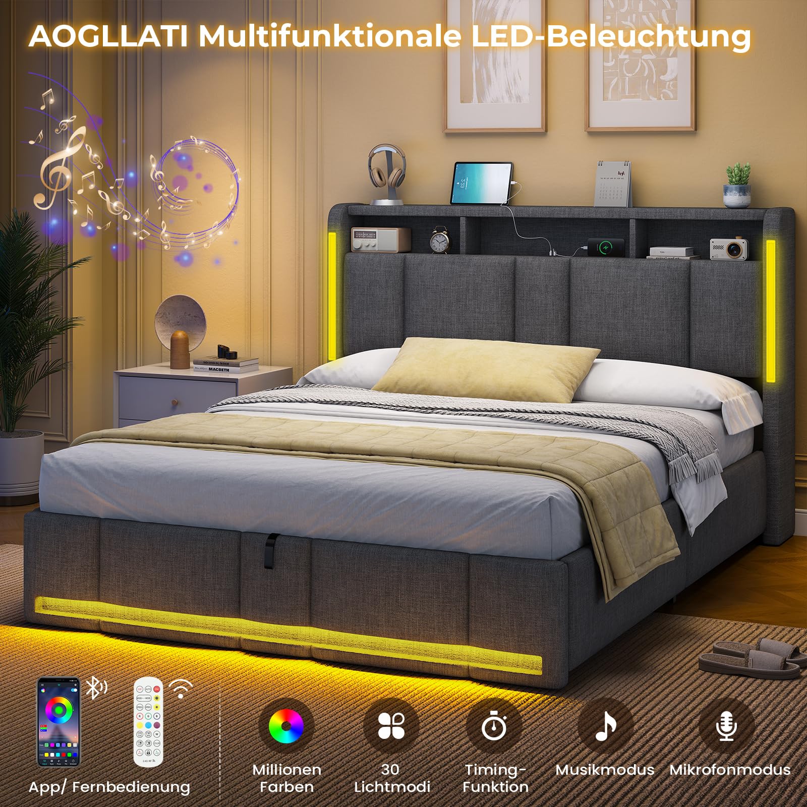 Polsterbett 140x200 cm mit Bettkasten LED-Beleuchtung USB-Anschlüssen und hydraulischem Stauraum Dunkelgrau