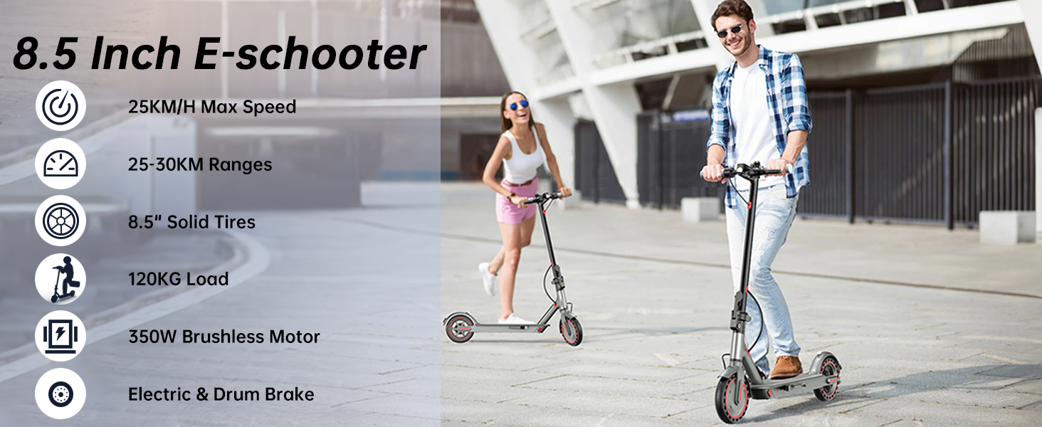 Il testo recita ?e-Schooter da 8,5 pollici? con specifiche: ?Velocità 250 Ah/18 km, autonomia 25-30 km, pneumatici solidi da 8,5 pollici, carico 120 kg, motore brushless da 350 W, freno elettrico e a tamburo?. Mostra gli scooter elettrici in uso.