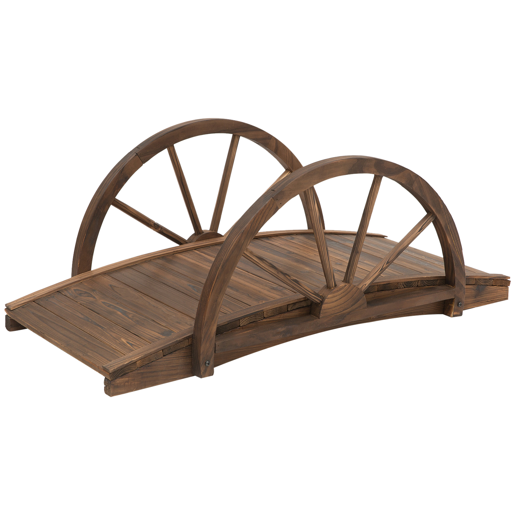 Outsunny Gartenbrücke aus Tannenholz, Holzbrücke mit Rad Design, Teichbrücke bis 150 kg belastbar 100 x 50 x 37 cm Verkohlt