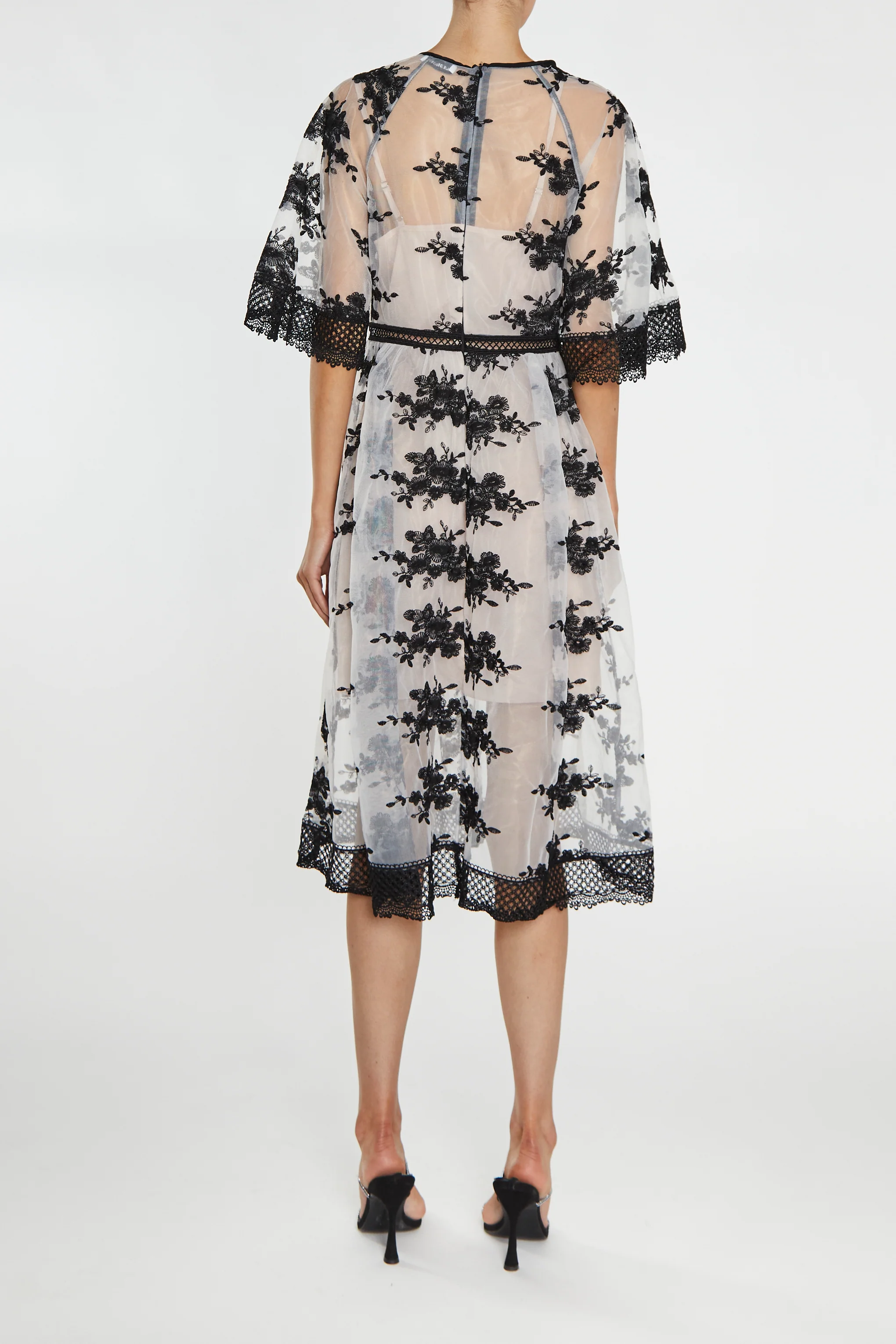 Eva Nude Black Embroidery Lace Trim Angel Sleeve Midi-Dress