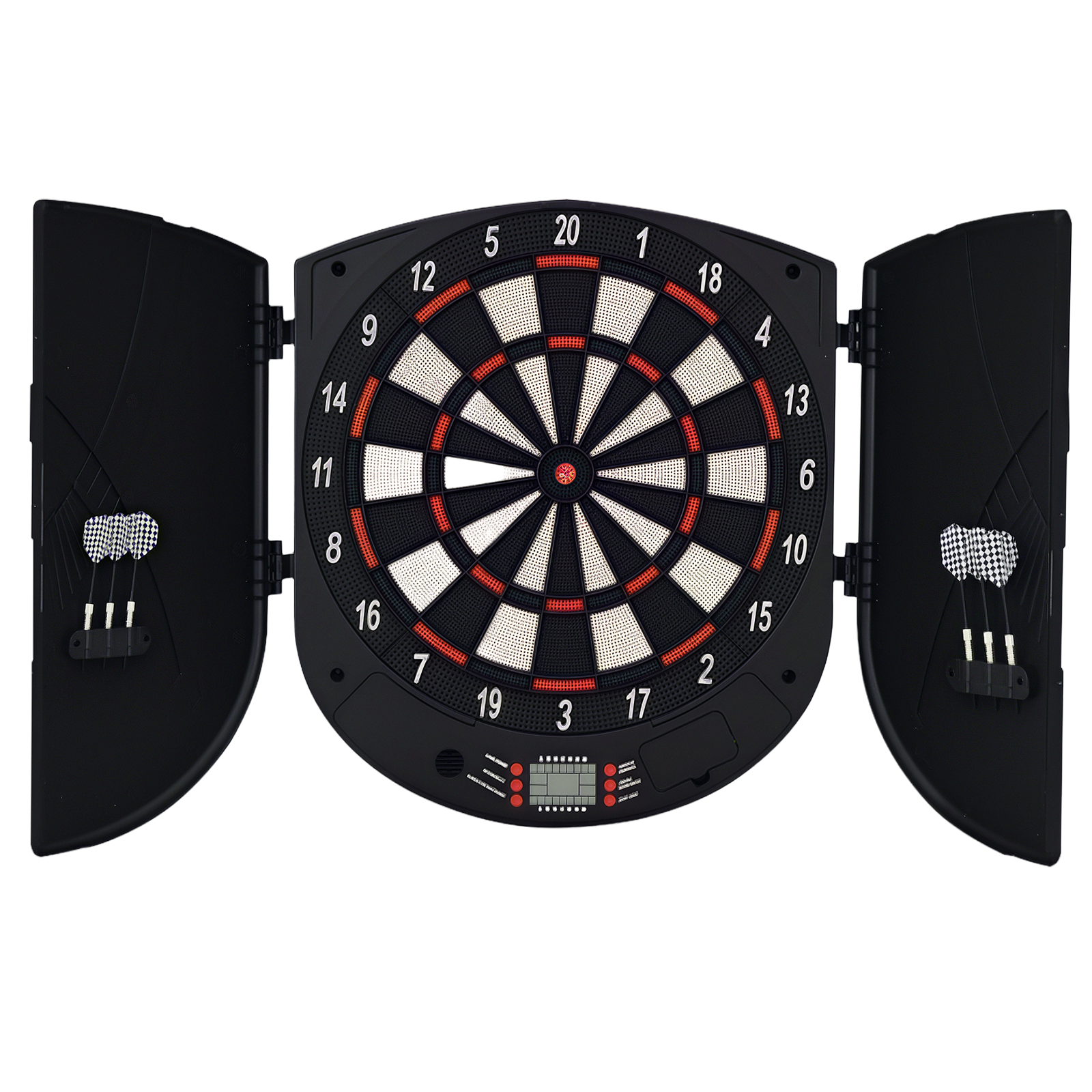 HOMCOM Elektronische Dartscheibe Dartboard mit Sprachansagen Englische Stimme LED-Anzeigen 6 Darts 26 Spiele 185 Varianten Dartautomat mit Tür Dartscheibe Set für bis zu 8 Spieler