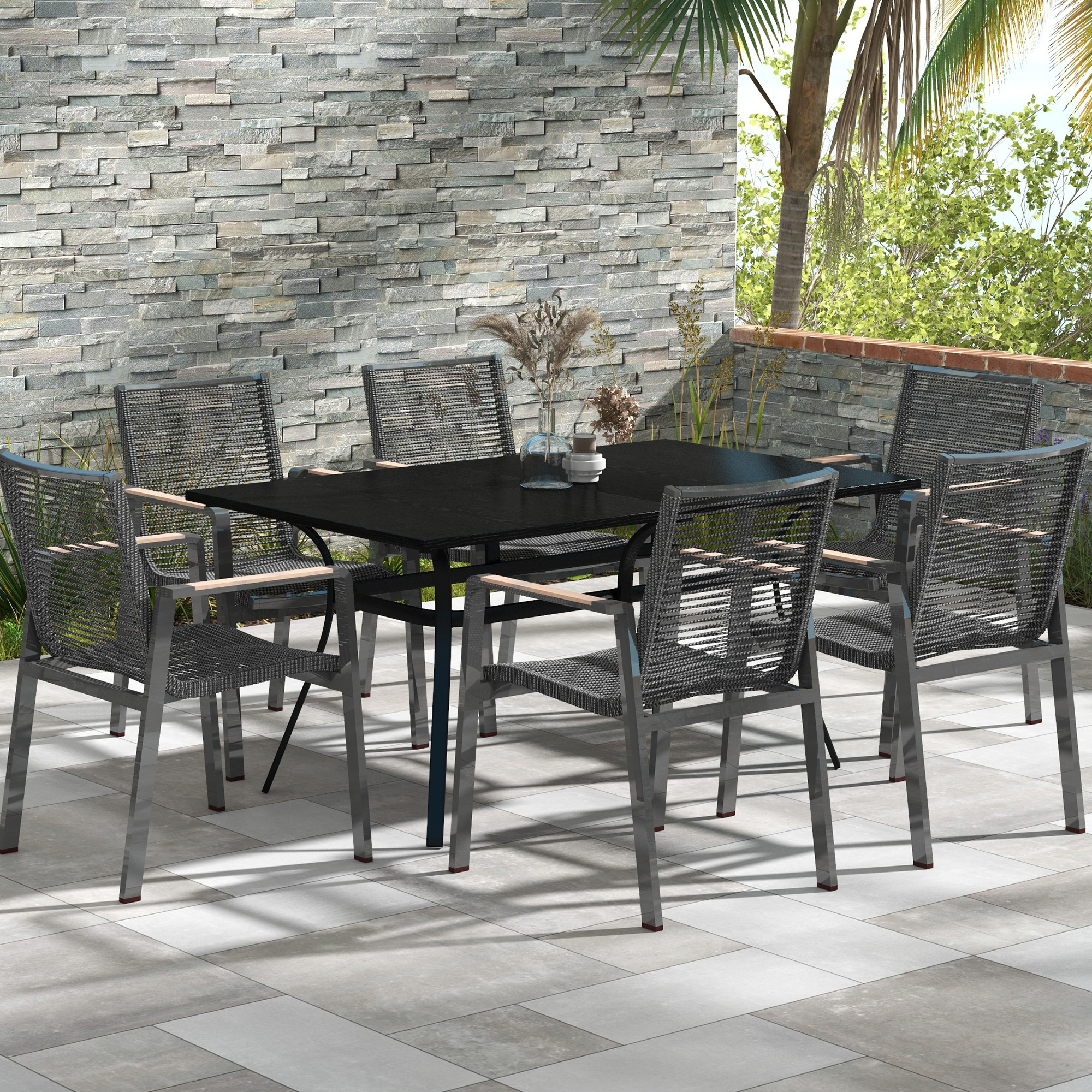 Outsunny Gartentisch Terrassentisch rechteckig für 6 Personen mit Stahlbeinen für Garten, Rasen, Balkon, Schwarz