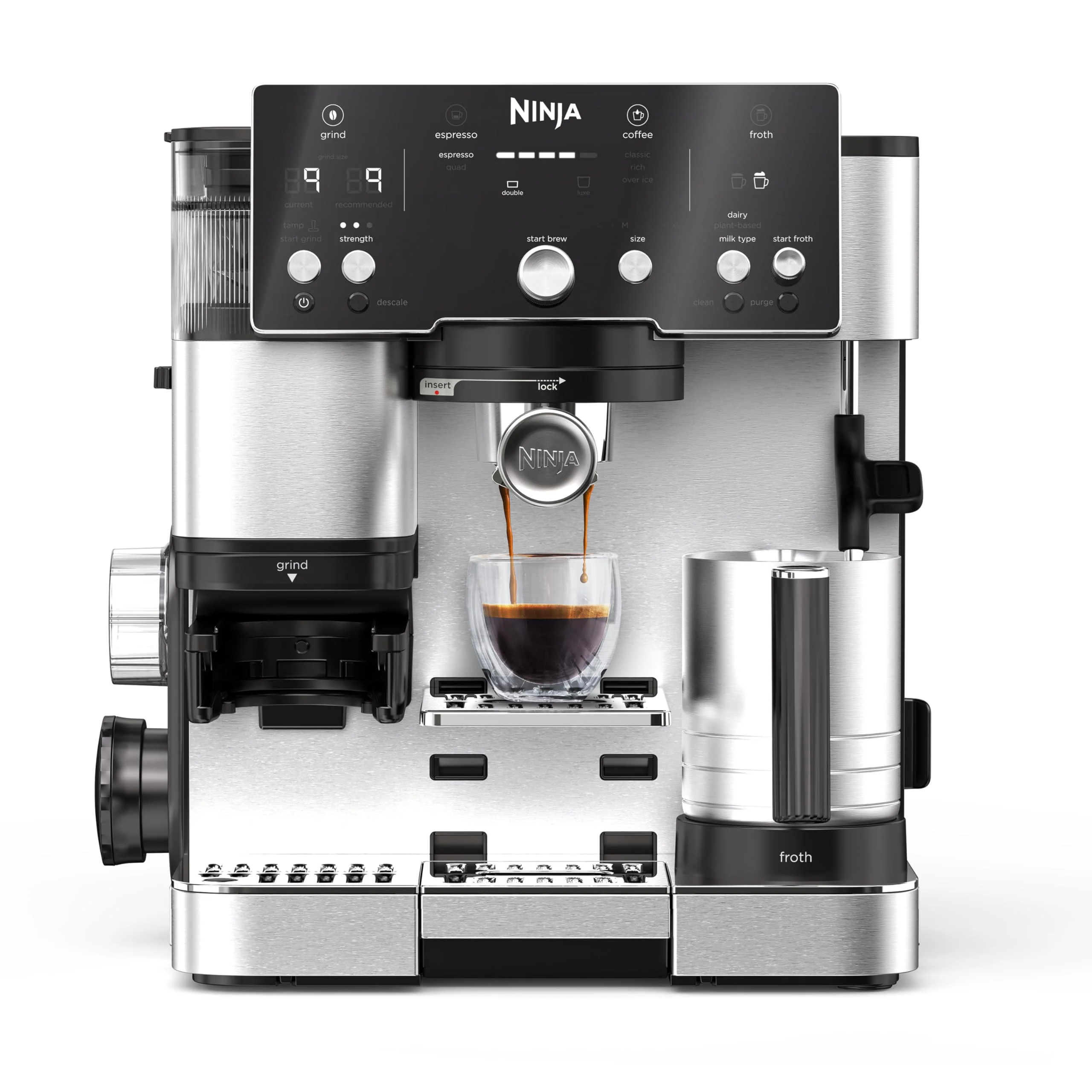 Ninja Luxe Premier 3-in-1-Kaffeemaschine mit Mahlwerk und Aufschäumer für Latte, Cappuccino, Cold Brew & Espresso, einfache Handhabung, 4 Voreinstellungen zum Aufschäumen, Silber, ES601EU