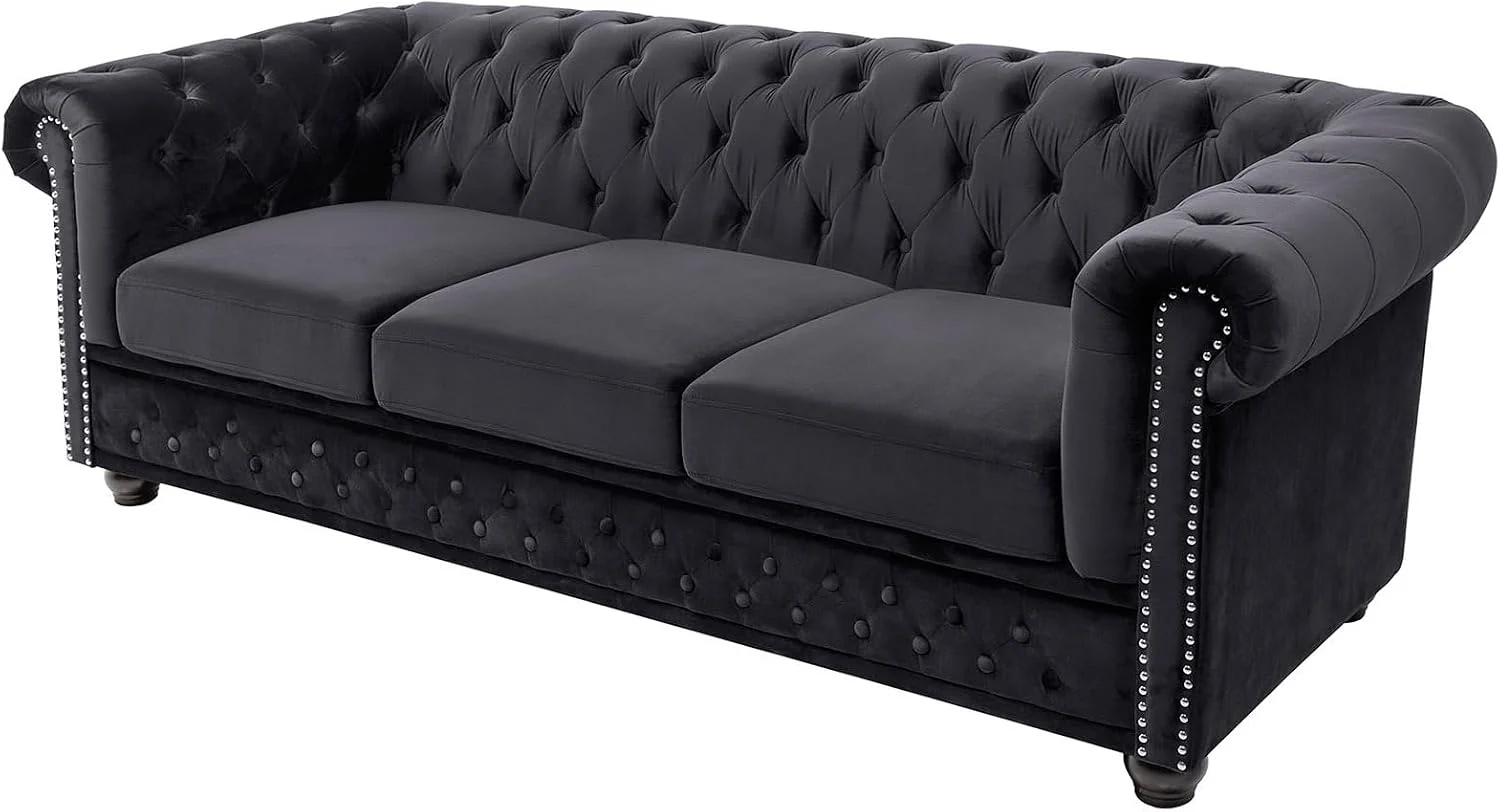 3-Sitzer Sofa CHESTERFIELD, 205cm, schwarz, Samt, Federkern