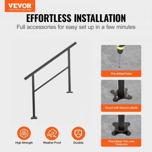 VEVOR Aluminium Treppengeländer 122 x 90 cm , Außen Eingangsgeländer 0-45 Grad, Hauseingangshandlauf aus Aluminium, Rostfrei verschleißfest und Steinhart für Privathaushalte, Bürobereiche Schwarz
