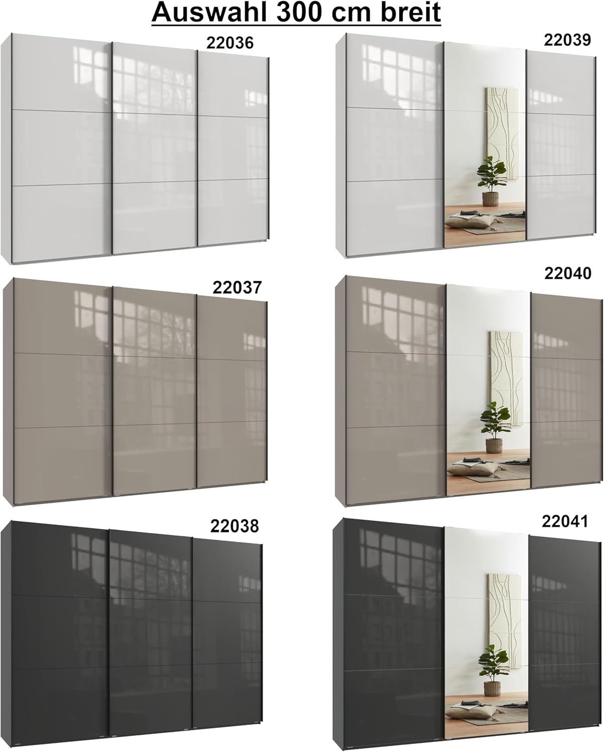 Schwebetürenschrank 3-türig B300/H216/T65 cm Weiß m. Glasfront, Spiegel, schwarzen Griffleisten, inkl. Selbsteinzug, Kleiderschrank m.Einlegeböden, Kleiderstangen, Schubladen, Wäscheeinteilung / 22039