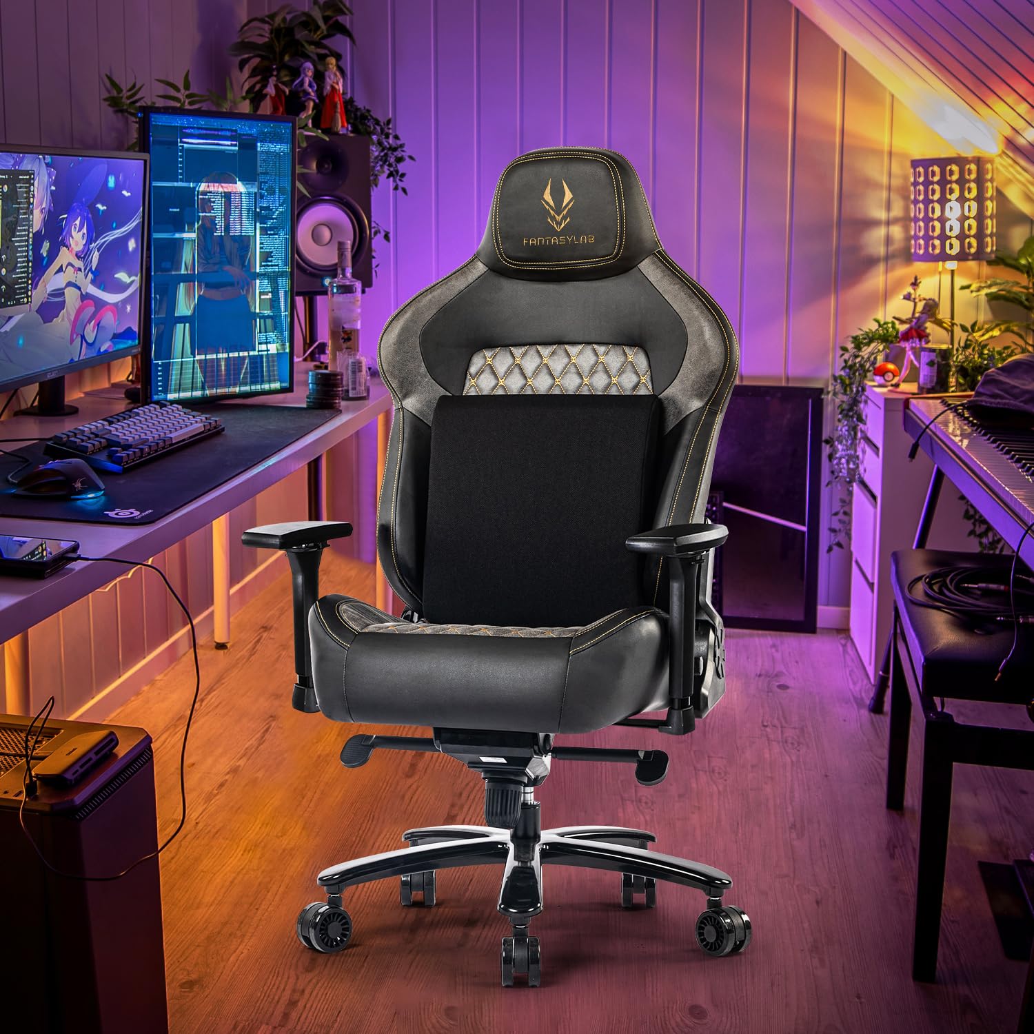 Gaming Stuhl bis 200 kg mit 4D-Armlehne und Lendenwirbelstütze, ergonomischer Bürostuhl in Grau