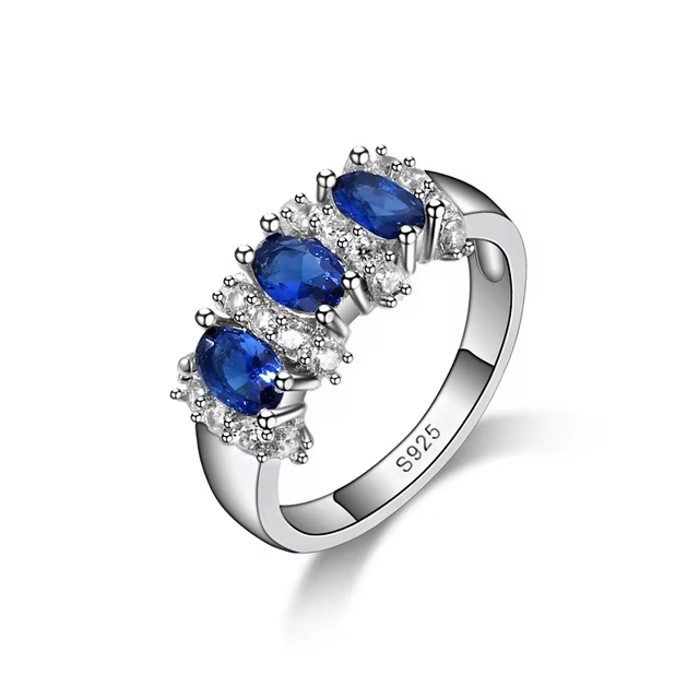 Blue Women Sterling Silver Wedding Ring with Crystal