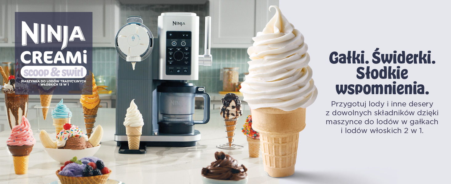 Tekst brzmi „NINJA CREAMI”. Pokaz różnych lodów i mrożonych produktów deserowych z prezentacjami w stylu soft serve.