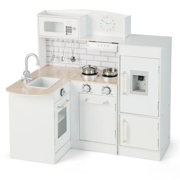 Angolo cottura per bambini frigorifero fornello giocattolo in legno con distributore d'acqua cappa lavello utensili