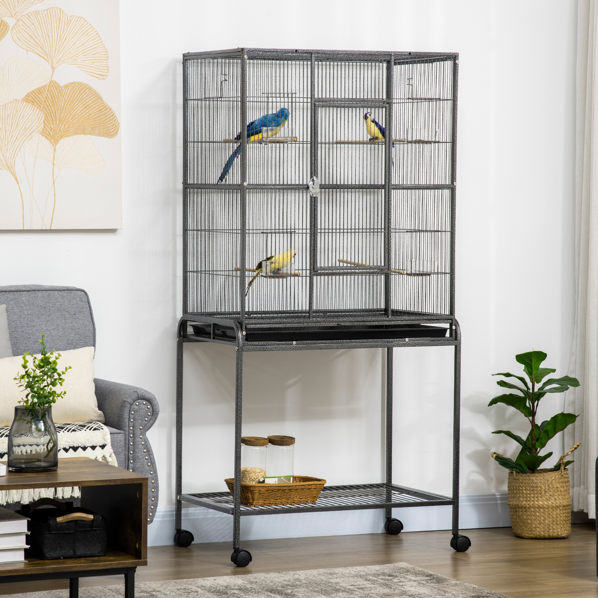 PawHut Vogelkäfig Portable mit 4 Futternäpfen und 4 Holzstangen Praktisch 77 x 47 x 163 cm Schwarz und Grau