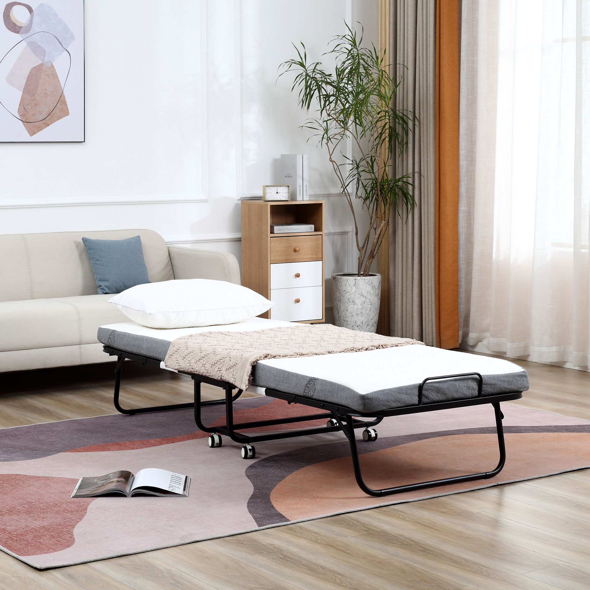 HOMCOM Opklapbaar bed 1 persoons met wielen verstelbaar, tot 150 kg, wit + zwart, 200 x 75 x 42,5 cm | Aosom.nl