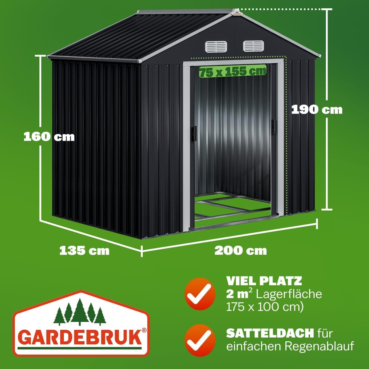 GARDEBRUK® XL Metall Gerätehaus 2m² mit Fundament 196x132x188cm Schiebetür Anthrazit Geräteschuppen Gartenhaus Schrank 4m³