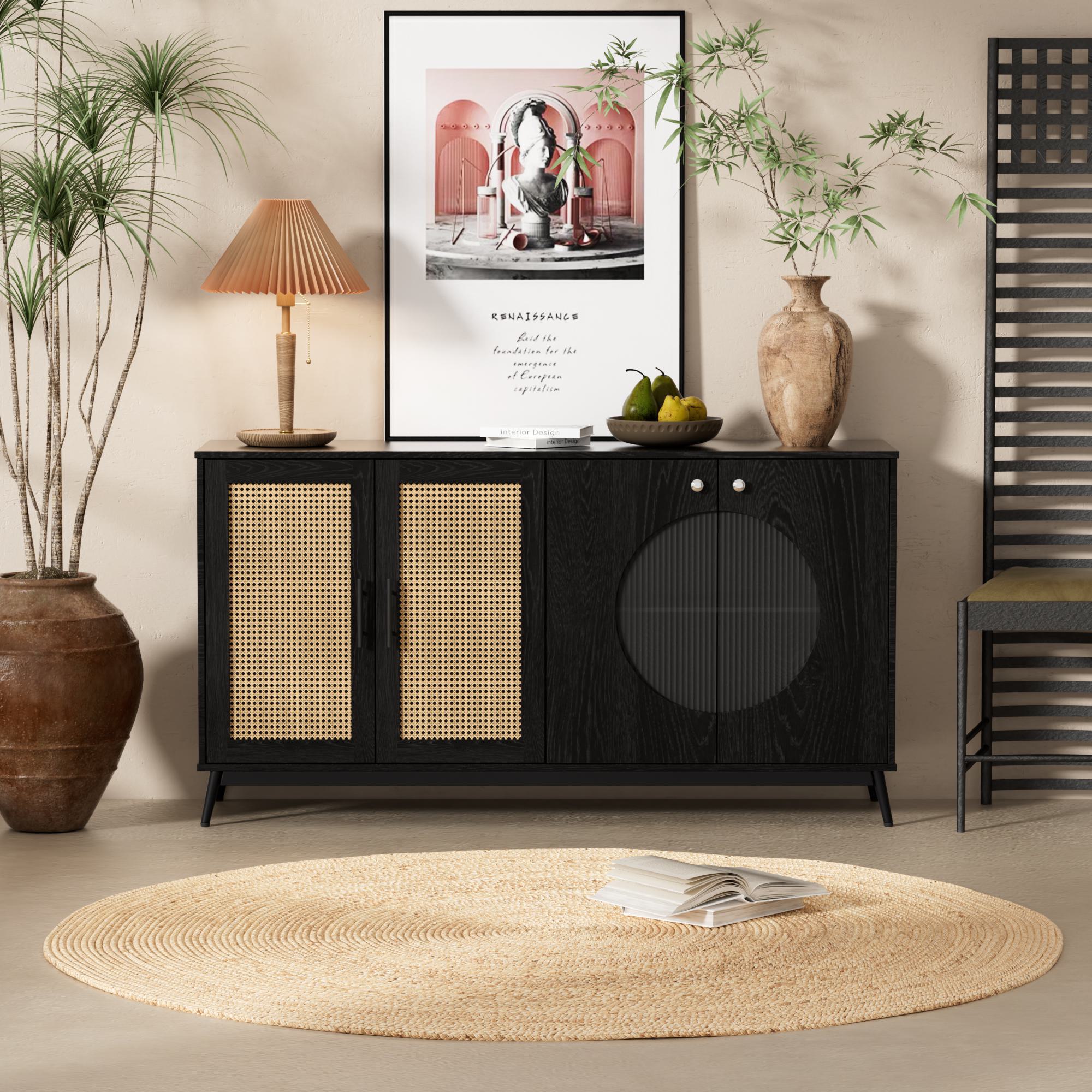 Sideboard mit Glastüren aus Rattan, halbrundem Design und großem Stauraum, Schwarz